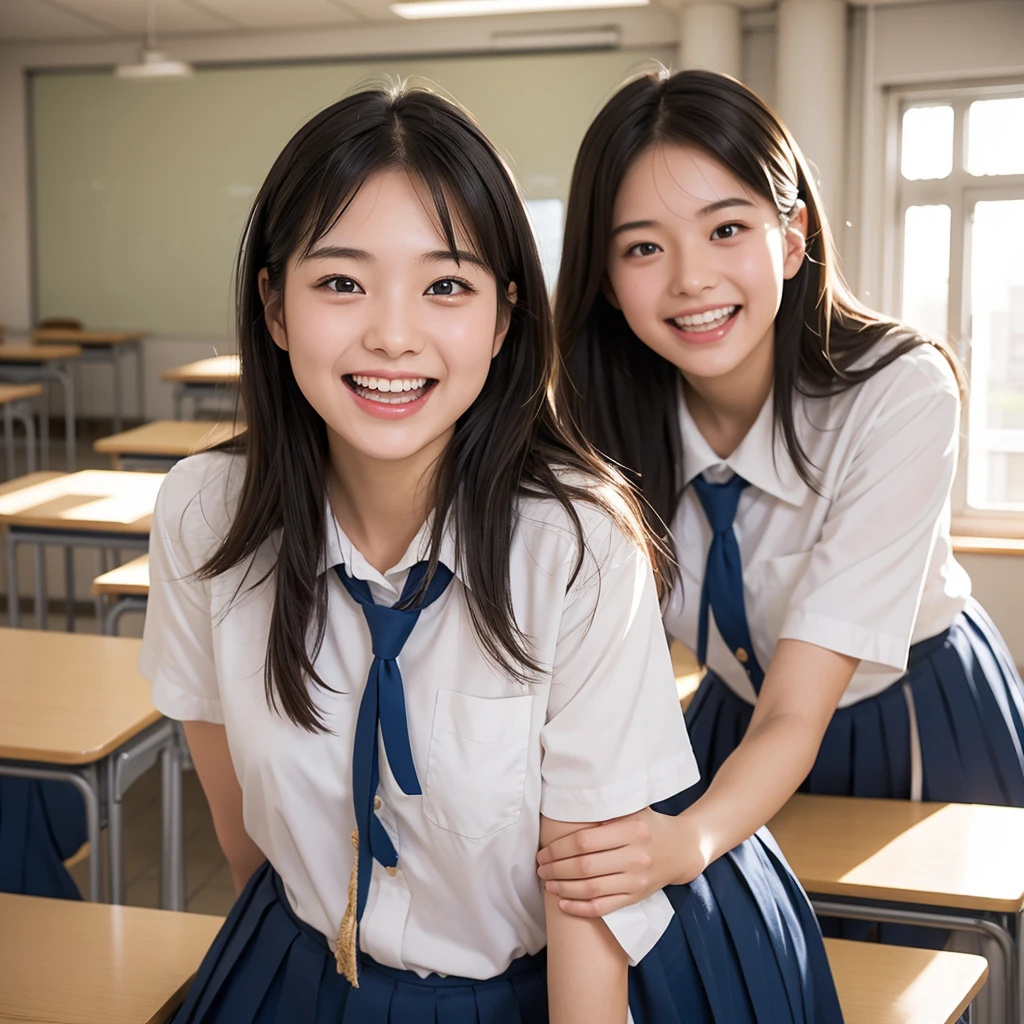 Laughing Japanese high school girl、classroom、、masterpiece, Highest quality, Photorealistic、Laugh with your mouth wide open、Smiling at the camera