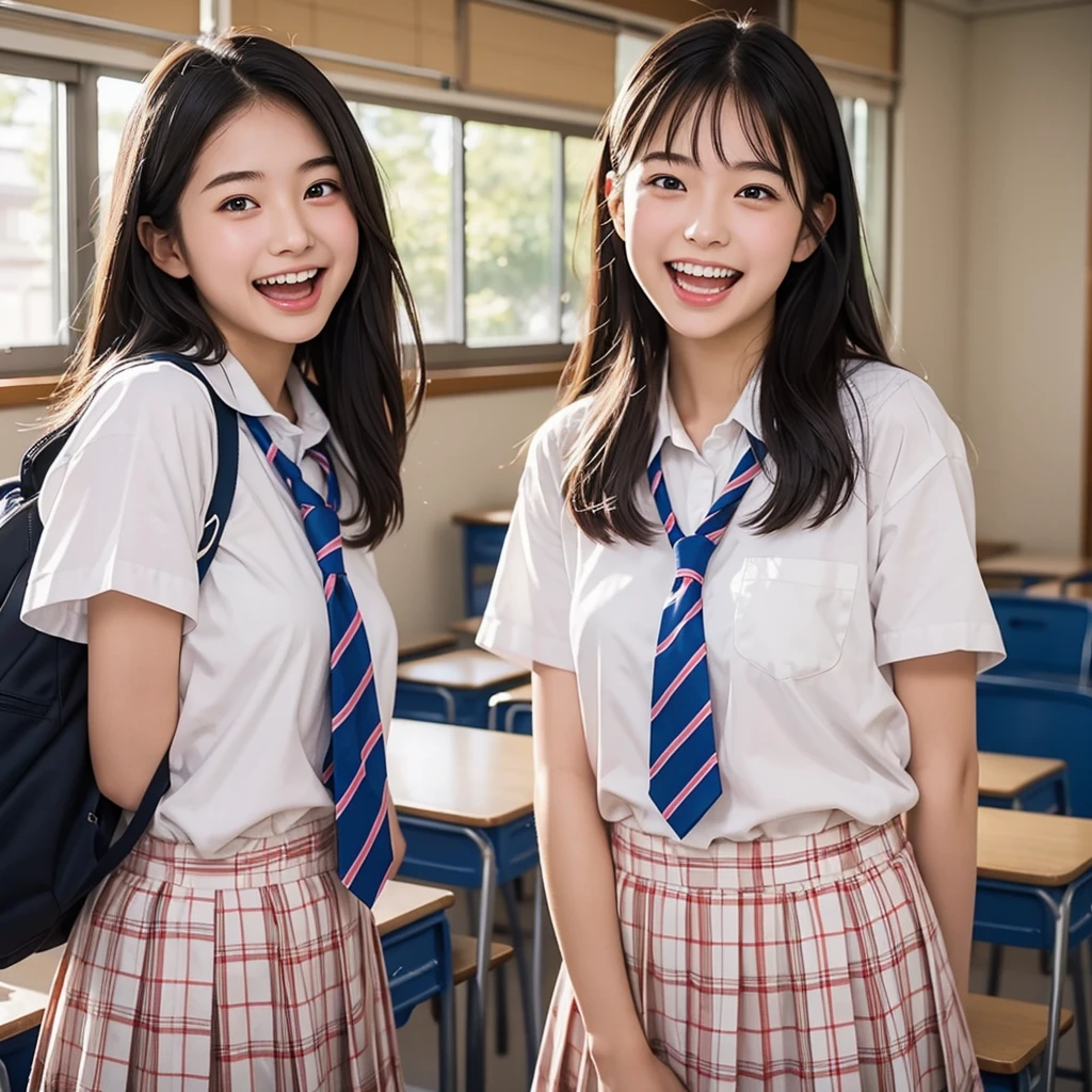 Laughing Japanese high school girl、classroom、、masterpiece, Highest quality, Photorealistic、Laugh with your mouth wide open、Smiling at the camera