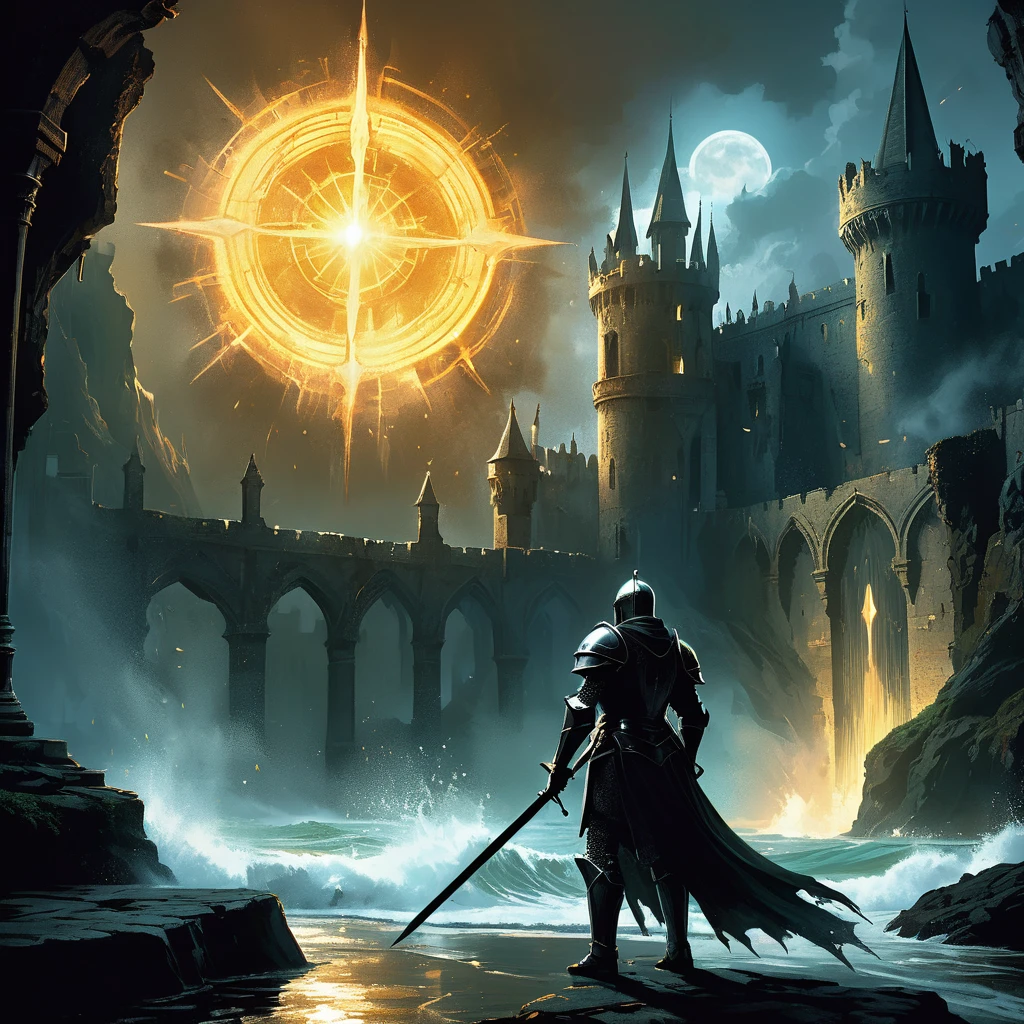 Imagine a knight adorned in shimmering armor of obsidian black, reflecting only a glimmer of light amidst the darkness of a medieval castle in a dark fantasy realm. His visage is stoic, marked by eyes that burn with the intensity of a thousand suns. In one hand, he holds a spear crafted from pure sunlight, its golden shaft radiant and warm to the touch, while the tip blazes with an ethereal flame that casts dancing shadows across the castle's ancient stone walls.
The castle itself is a labyrinth of forgotten corridors and haunted chambers, where whispers of ancient battles and lost souls echo through the cold, musty air. Tapestries depicting heroic deeds and tragic tales hang in tatters, their vibrant colors faded with time. Moonlight filters through arrow slits and broken windows, creating a haunting glow that bathes the knight's silhouette in a halo of spectral light.
Around him, the castle's courtyard lies in ruin, overgrown with ivy and choked with the remnants of fallen statues and crumbling battlements. The air is thick with the scent of damp earth and ancient magic, mingling with the distant howls of unseen creatures and the rhythmic pounding of waves against distant cliffs.
Capture the noble and formidable presence of this knight with a sun spear in the medieval dark fantasy castle, embodying the eternal struggle between light and shadow, and standing as a beacon of hope amidst the encroaching darkness that threatens to consume the realm.
