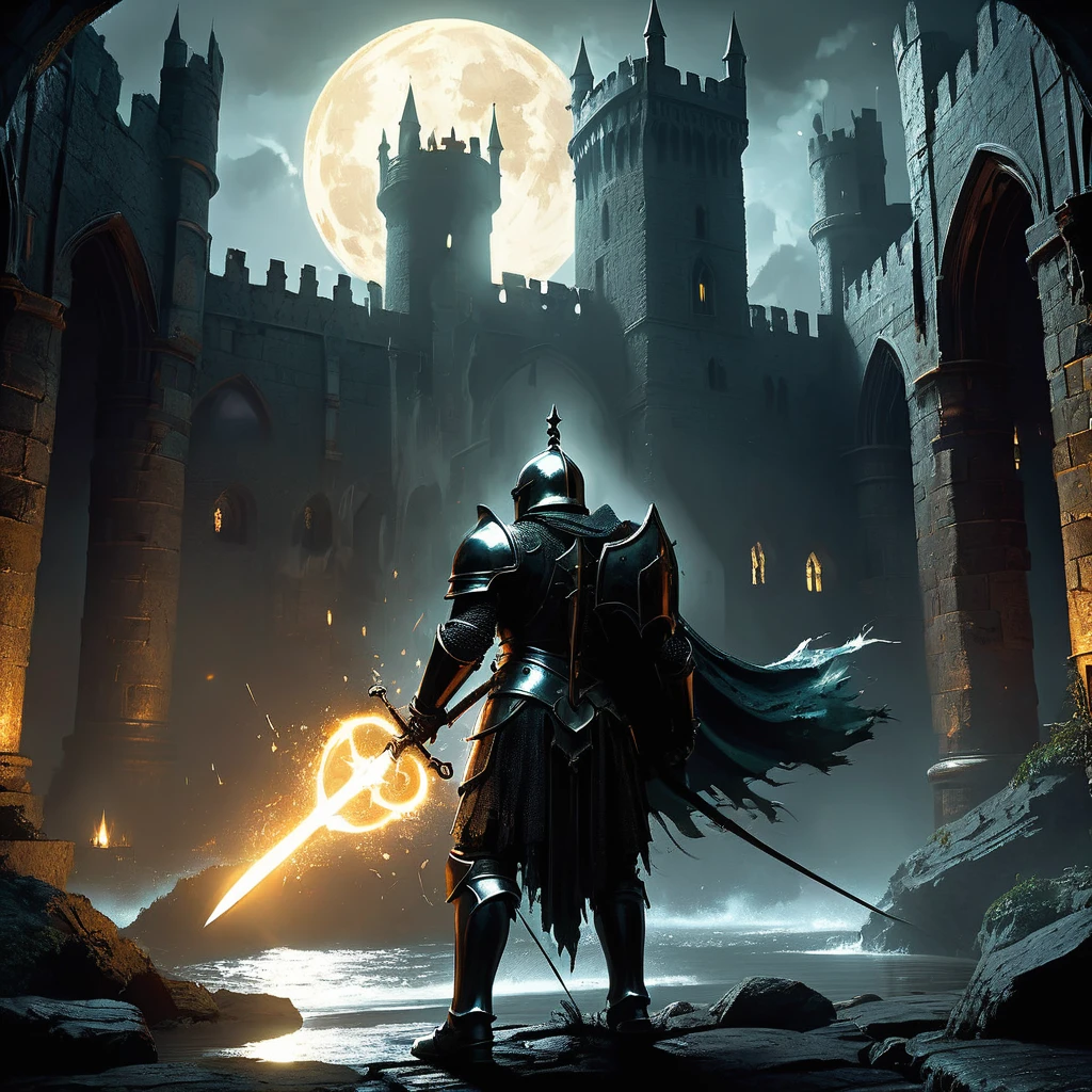 Imagine a knight adorned in shimmering armor of obsidian black, reflecting only a glimmer of light amidst the darkness of a medieval castle in a dark fantasy realm. His visage is stoic, marked by eyes that burn with the intensity of a thousand suns. In one hand, he holds a spear crafted from pure sunlight, its golden shaft radiant and warm to the touch, while the tip blazes with an ethereal flame that casts dancing shadows across the castle's ancient stone walls.
The castle itself is a labyrinth of forgotten corridors and haunted chambers, where whispers of ancient battles and lost souls echo through the cold, musty air. Tapestries depicting heroic deeds and tragic tales hang in tatters, their vibrant colors faded with time. Moonlight filters through arrow slits and broken windows, creating a haunting glow that bathes the knight's silhouette in a halo of spectral light.
Around him, the castle's courtyard lies in ruin, overgrown with ivy and choked with the remnants of fallen statues and crumbling battlements. The air is thick with the scent of damp earth and ancient magic, mingling with the distant howls of unseen creatures and the rhythmic pounding of waves against distant cliffs.
Capture the noble and formidable presence of this knight with a sun spear in the medieval dark fantasy castle, embodying the eternal struggle between light and shadow, and standing as a beacon of hope amidst the encroaching darkness that threatens to consume the realm.