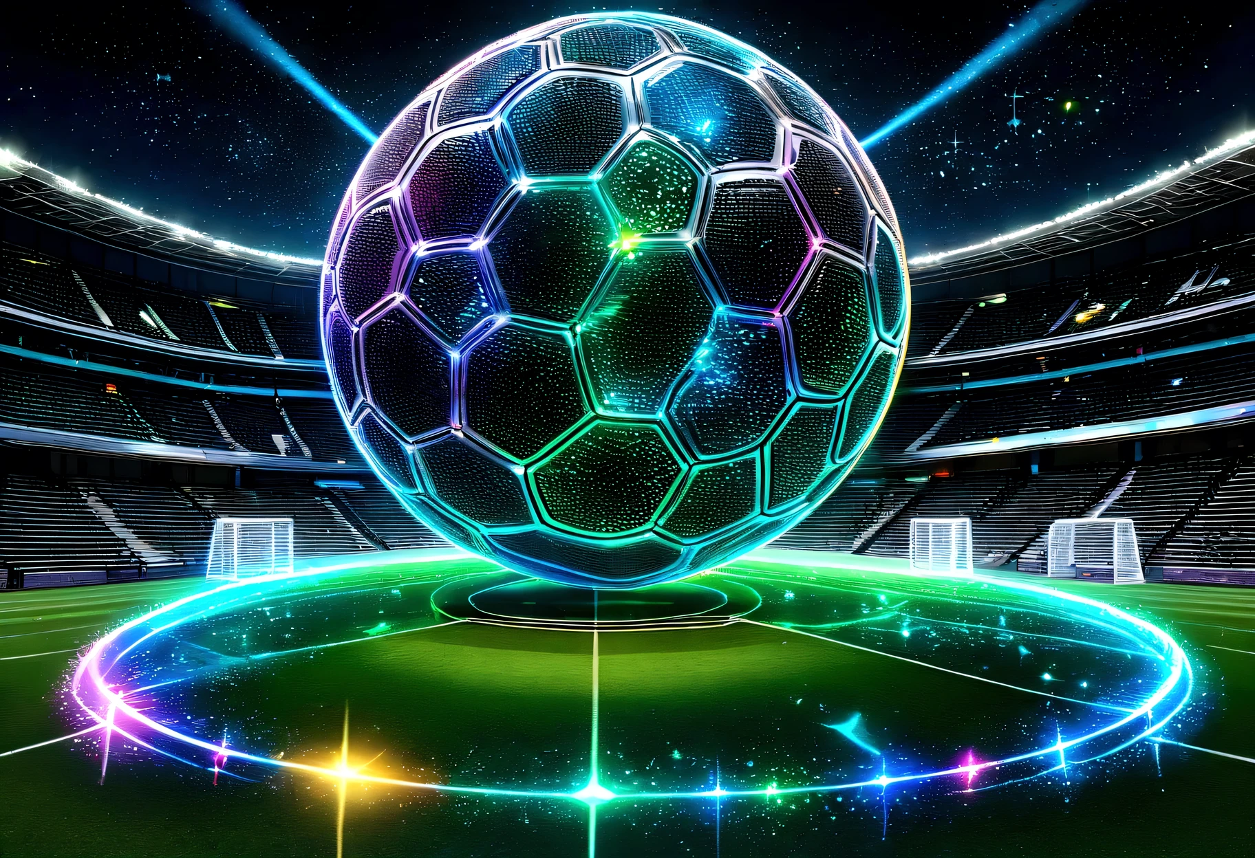 Football tournament logo, iridescent football: 1.5, lines of ball trajectory: 1.5, (hologrammed footballer: 1.5), stadium from ground viewpoint in background, intricate detailed, Masterpieces, best quality