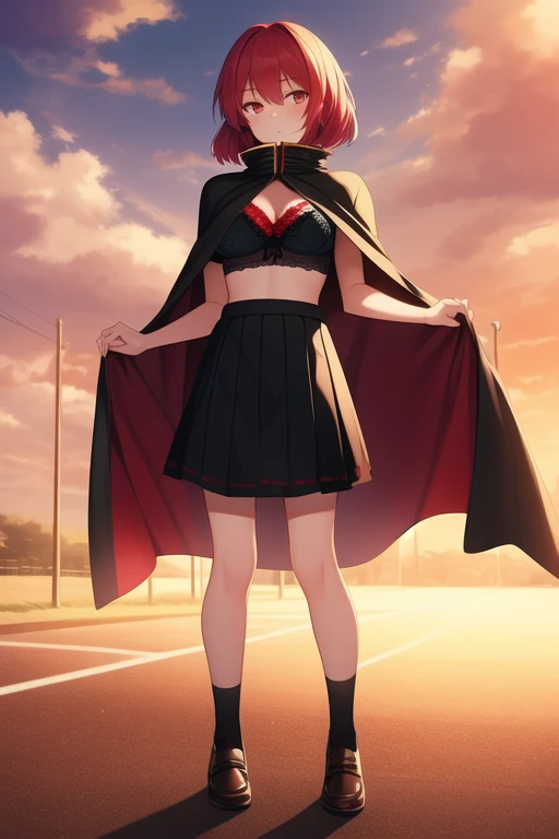 ((best quality)), ((masterpiece)), (detailed), 1girl, Touhou, Sekibanki, red hair, red eye color, full body, wide shot, Short female hair, medium sized breasts, black female blouse, black skirt, red neck cape, black sport bra, abdomen