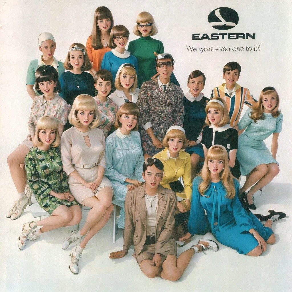 arafed image of a group of young people posing for a picture, retro 6 0 s fashion, eastmancolor, 1960s advertisement, 1 9 6 0 ’ s fashion, 6 0 s style, 60s style, 1960s style, 1968 cut out collage, retro ad, 1 9 7 0 cut out collage