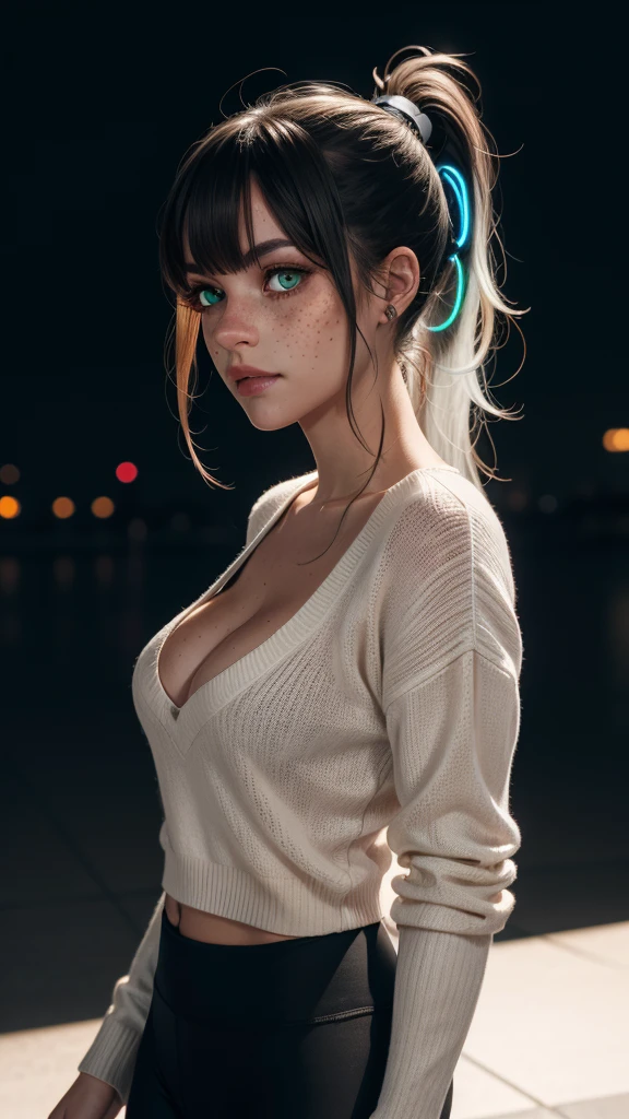 woman,simple background,multi-color hair ponytail,swept bangs,white sweater,cleavage,black yoga pants,elegant,beautiful,freckles,realistic,heterochromia,beautiful green eyes,up close,dark shadows,night background,neon hearts lights dark,chiaroscuro,low-key,
