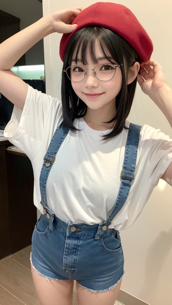 Body Type: 小柄でやや丸みを帯びたBody Type。Overall it's cute、Gives a slightly childish impression。
• Face shape: Round face。Plump cheeks。
• eye: Big, round eyes。The eyes are black、Sparkling like an anime character。
• Eyebrow: Narrow and arched。gently、Gives a cute impression。
• nose: smallて丸い。
• mouth: small、When you smile, both ends rise up.。She has a bright and cheerful smile。
•hairdo: With short black hair、The bangs are blunt。
•clothing: Wearing large round glasses。Wearing a red cap、In front of the cap「Arare」it is written like this。Blue overalls and white T-shirt、Wearing yellow boots。
• Pause: Raise your right hand high「Uncha」" he said cheerfully.。The left hand is on the hip。
• background: You can see Dr. Yamabuki's house in Penguin Village.。The house is a brown wooden structure.、The roof is made of blue tiles。There is a well-kept garden in front of the house.、Colorful flowers々is blooming。The sky is blue and clear.、White clouds float、The bright sunlight illuminates everything。