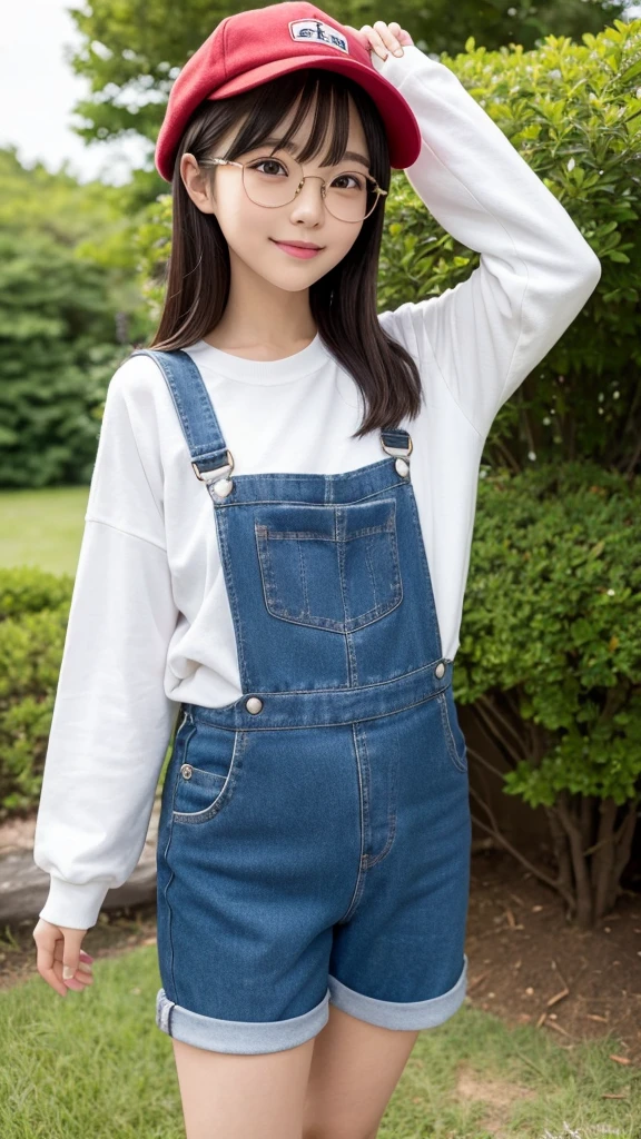 Body Type: 小柄でやや丸みを帯びたBody Type。Overall it's cute、Gives a slightly childish impression。
• Face shape: Round face。Plump cheeks。
• eye: Big, round eyes。The eyes are black、Sparkling like an anime character。
• Eyebrow: Narrow and arched。gently、Gives a cute impression。
• nose: smallて丸い。
• mouth: small、When you smile, both ends rise up.。She has a bright and cheerful smile。
•hairdo: With short black hair、The bangs are blunt。
•clothing: Wearing large round glasses。Wearing a red cap、In front of the cap「Arare」it is written like this。Blue overalls and white T-shirt、Wearing yellow boots。
• Pause: Raise your right hand high「Uncha」" he said cheerfully.。The left hand is on the hip。
• background: You can see Dr. Yamabuki's house in Penguin Village.。The house is a brown wooden structure.、The roof is made of blue tiles。There is a well-kept garden in front of the house.、Colorful flowers々is blooming。The sky is blue and clear.、White clouds float、The bright sunlight illuminates everything。