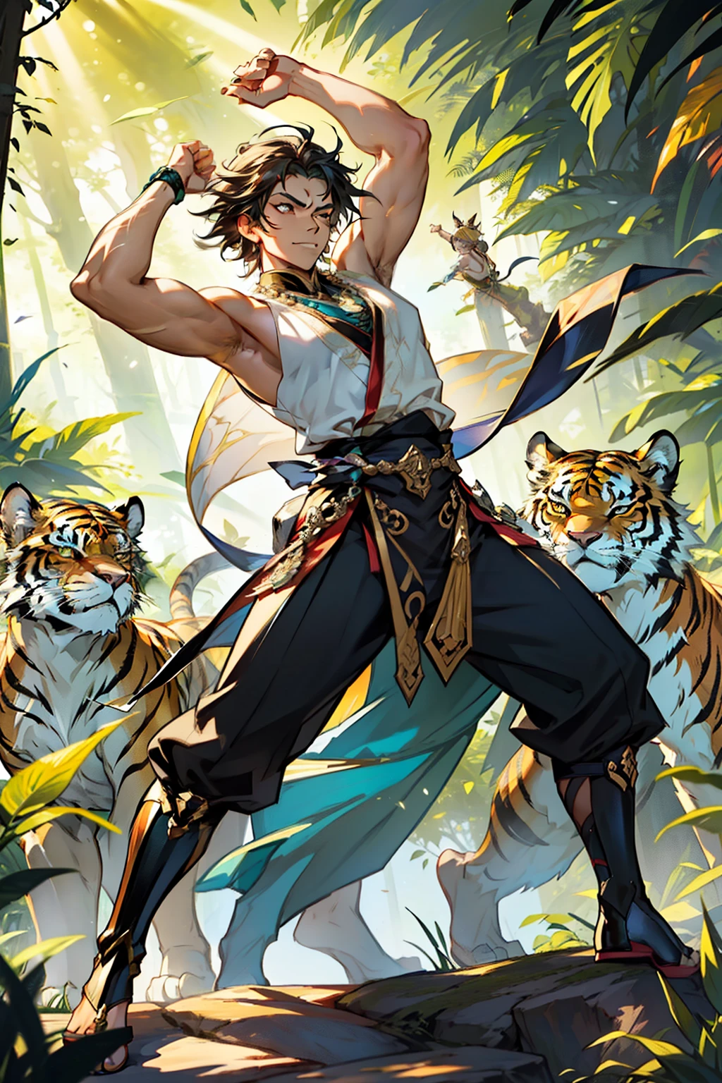 Tora, a majestically personified Tigress, is gracefully dancing in a lush, jungle-inspired Pantomime Stage.

The scene is calibrated for best quality, presenting a Full-Body Image in pristine 8K resolution, showcasing the Masterpiece of an accomplished artist named Hyakki.

Tora's vibrant stripes glisten under the soft, dappled sunlight filtering through the canopy above, her sleek and muscular form effortlessly conveying the fluidity and power of her dance. Her eyes, brimming with liveliness and intelligence, hold a mesmerizing gaze that seems to connect directly with the view