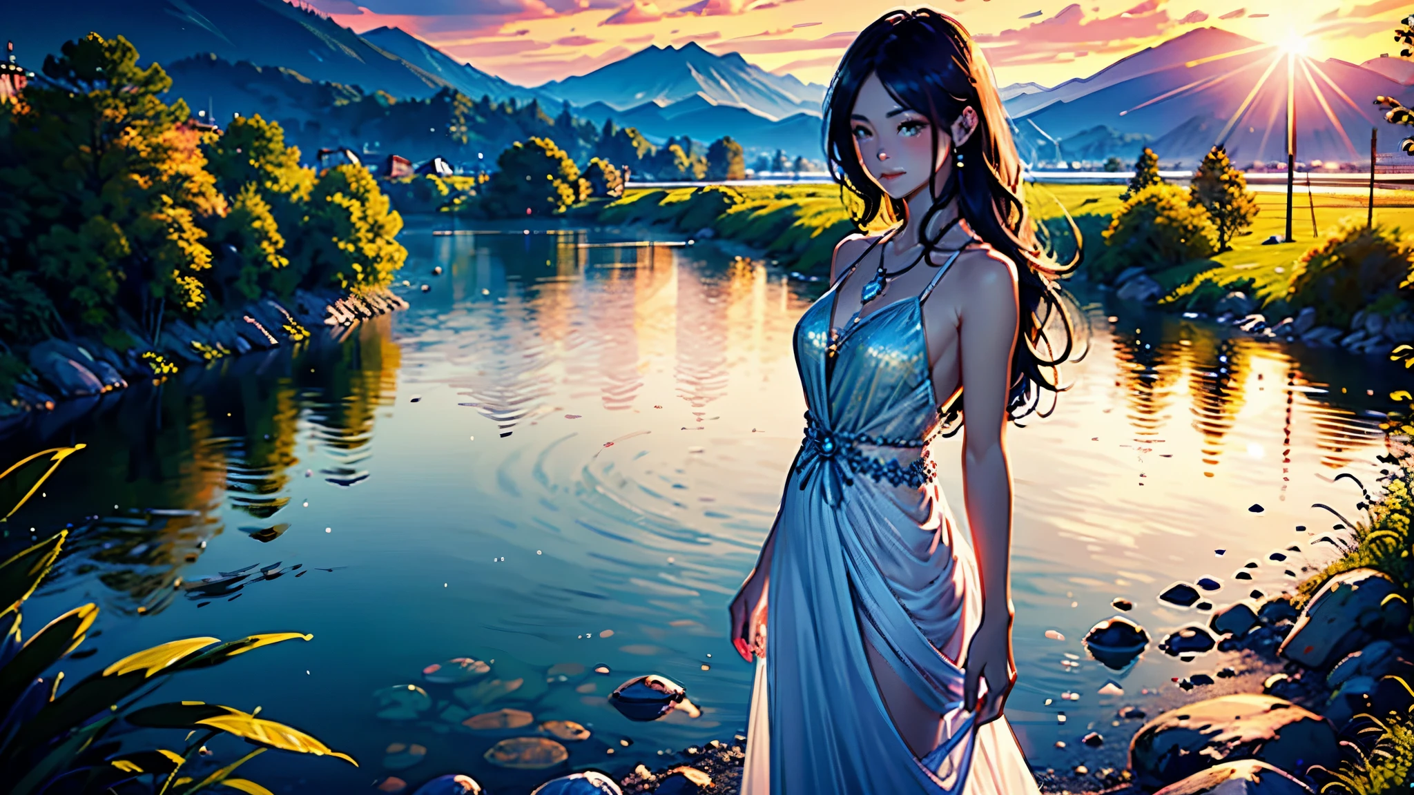 1 girl, serene expression, mesmerizing eyes, straight long hair, flowing dress, poised posture, porcelain skin, subtle blush, crystal pendant
BREAK
golden hour, (rim lighting):1.2, warm tones, sun flare, soft shadows, vibrant colors, painterly effect, dreamy atmosphere
BREAK
scenic lake, distant mountains, willow tree, calm water, reflection, sunlit clouds, peaceful ambiance, idyllic sunset, ultra detailed, official art, unity 8k wallpaper
, zentangle, mandala