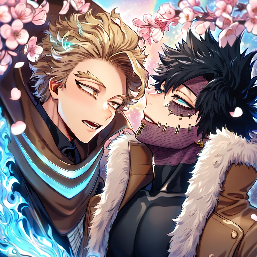 absurdres, highres, ultra detailed, HDR, master piece, best quality, extremely detailed face, delicated features, Hawks, ash blond hair, expressive brown eyes, Boku No Hero Academia, Dabi, black hair, expressive turquoise eyes, two sexy men together, yaoi, gay couple, handsome, brown jacket with fur, black tight shirt, black coat, fantasy, radiant, starry, blue fire, blossoms, pink flowers