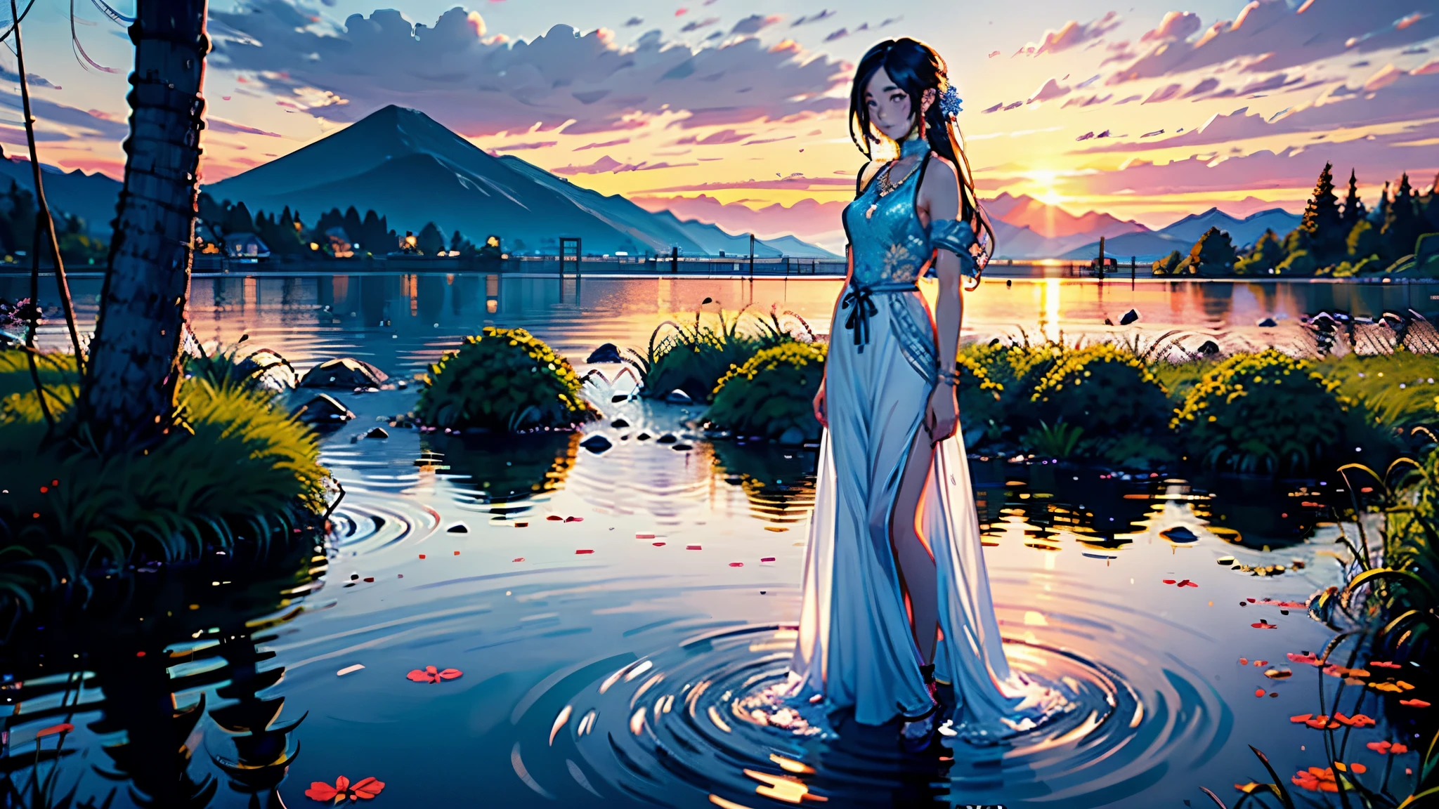 1 girl, cheerful expression, fascinating eyes, straight long hair, flowing dress, balanced posture, porcelain skin, Subtle blush, Crystal pendant BREAK golden hour, (rimlighting):1.2, warm tones, sunflare, Soft Shadows, bright colours, painterly effect, dreamy atmosphere break picturesque lake, distant mountains, Weidenbaum, still water, Consideration, sunlit clouds, peaceful atmosphere, idyllic sunset, ultra detailed, offcial art, Unity 8k Wallpaper
, zentangle, mandala