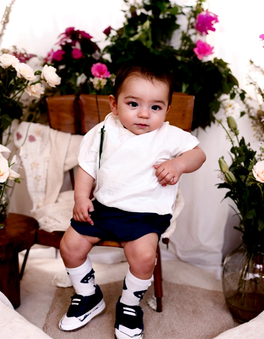 there is a baby sitting on a chair in a room with flowers, cute boy, with backdrop of natural light, photography, high detail