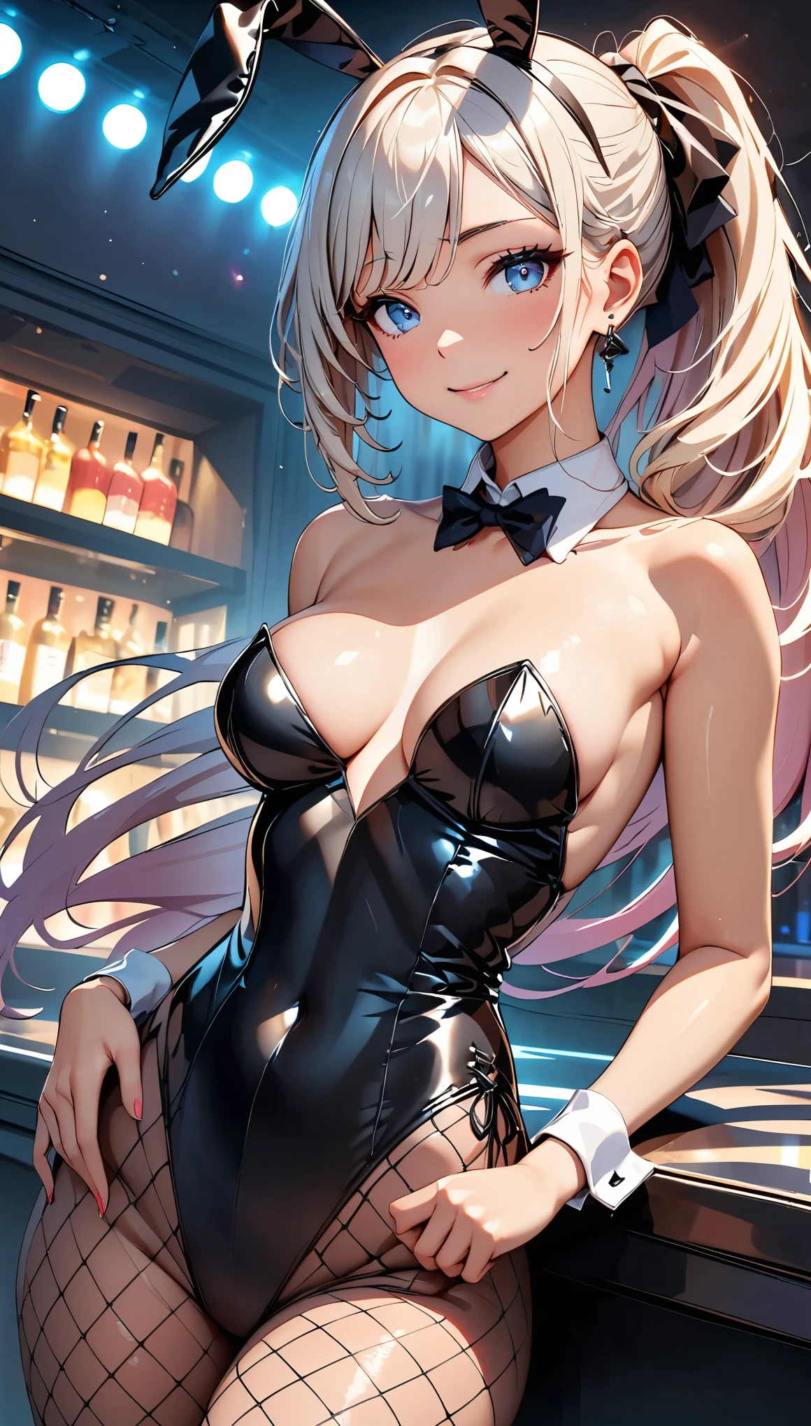 (Highest quality:1.2, High detail, masterpiece:1.2, Best aesthetics), (1 Girl), Cowboy Shot, ((Playboy Bunny, Fishnet tights:1.2, Bunny ears, ハイレグ leotard, 白leotard:1.1, leotard)), (Silver Hair, ponytail, Asymmetrical bangs, Light blue eyes), Beautiful detailed eyes, Beautiful detailed lips, Highly detailed face, Detailed Fashion, elegant, luxury, High quality fabric, Shine, Shine, smile, Random Pause, Dutch Angle, bar, Nightclub, night, Dramatic lighting, Cinematic, Bright colors, Intricate details, Chiaroscuro lighting.