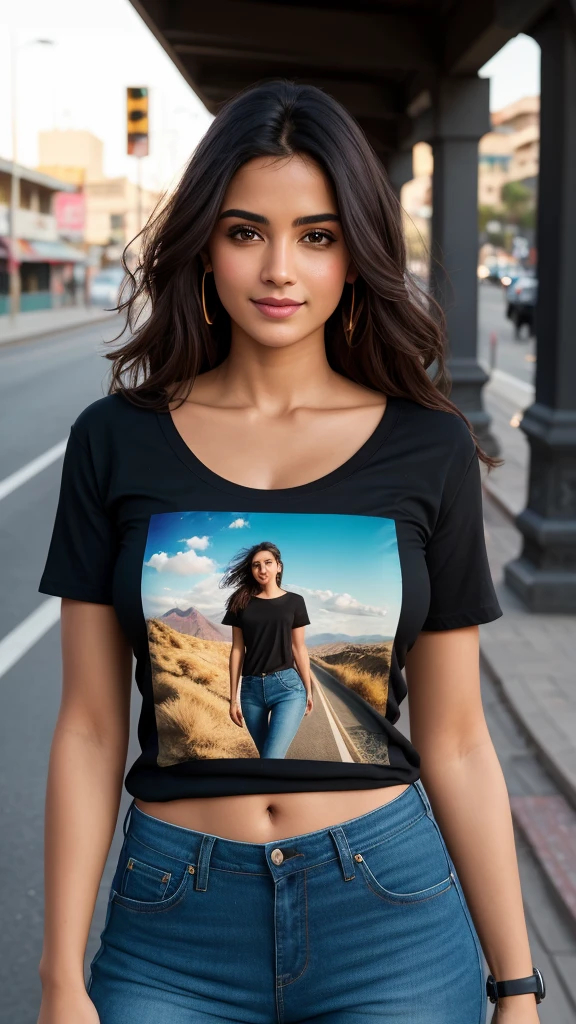 beautiful mature Tirkish college girl, sunset at city street, wearing black round neck baggy Tee-shirt, hip length Tee-shirt, foto, obra-prima, realista, realismo, fotorrealismo, alto contraste, Trending photorealistic digital art in Artstation 8k HD high definition detailed realistic, detalhado, textura da pele, hiper detalhado, textura realista da pele, armadura, melhor qualidade, ultra alta res, (fotorrealista: 1.4),, alta resolução, detalhado, foto crua, sharp re, by Lee Jeffries Nikon D850 film Stock Photography 4 Kodak Portra 400 camera F1.6 lens rich colors hyper realistic texture dramatic lighting unrealengine trend in artstation cinestill 800, corpo inteiro, Tirkish 26 years beautiful girl in black round neck baggy Tee-shirt, full basic length Tee-shirt, skinny damage jeans, golden wristwatch, model style Posing. perfect 36-26-36 figure, charming smile.