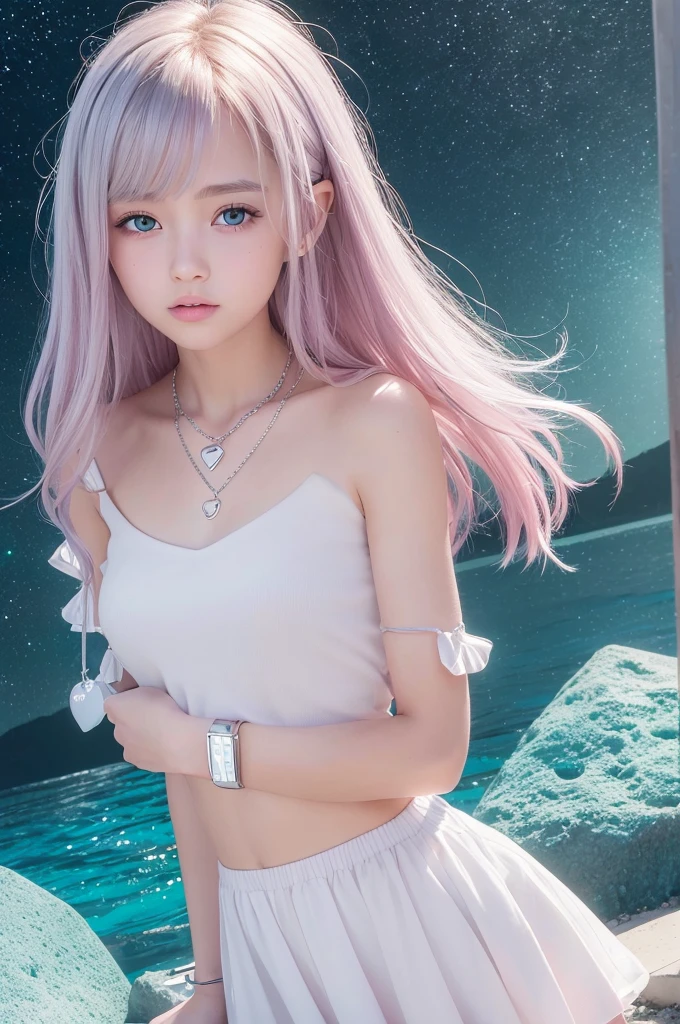 (8k high quality), (2d high quality), (high anime quality), (6 rs old beautiful young girl), (beautiful face), (beautiful model), (shining, shoulder-length, straight w/ curve at the edge pink hair), (galaxy blue eyes, almond shape eyes), (shining smooth skin), (prominent nose), (rounded jawline), (beautiful thin eyebrow), (beautiful wristwatch), (beautiful silver necklace with heart pendant), (beautiful white school uniform)
