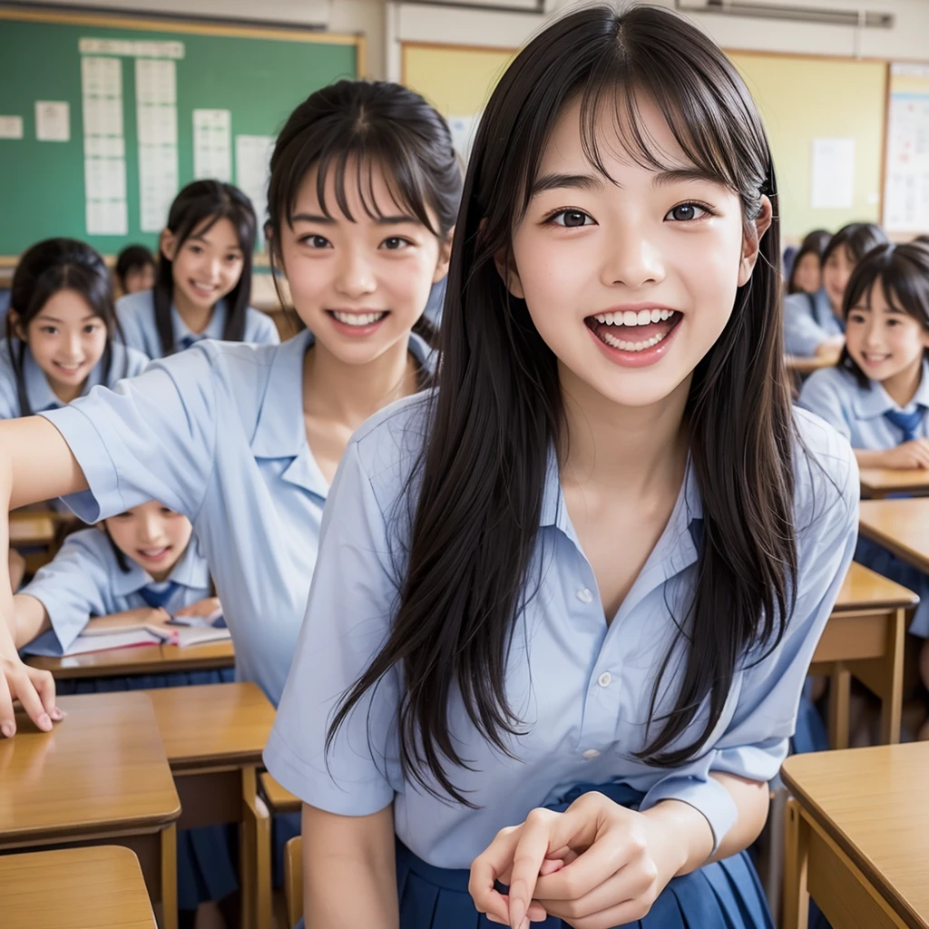 Laughing Japanese high school girl、classroom、、masterpiece, Highest quality, Photorealistic、Laugh with your mouth wide open、Smiling at the camera