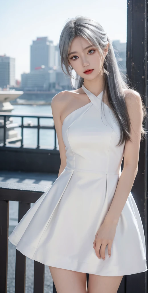 1girl, st. louis (azur lane), standing, upper body, dress, silver dress, (revealing clothes:1.3), scenery,, anirl, best quality, ultra high res,
