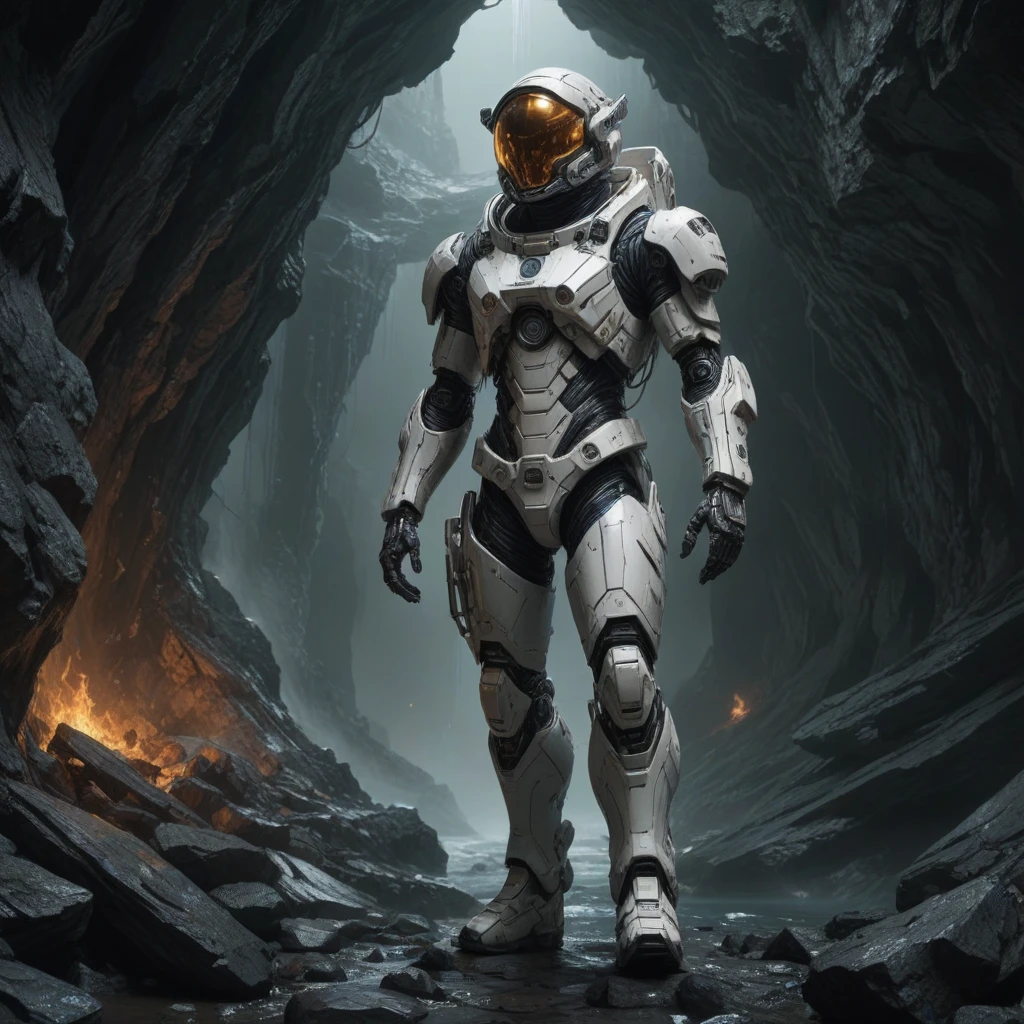 a beautiful artwork illustration, concept art sketch of an astronaut in white futuristic cybernetic armor in a dark cave, volumetric fog, godrays, high contrast, vibrant colors, vivid colors, high saturation, by Greg Rutkowski and Jesper Ejsing and Raymond Swanland and alena aenami, featured on artstation, wide angle, vertical orientation, eroded cliffs, crumbling edges, treacherous footing, panoramic vistas, 