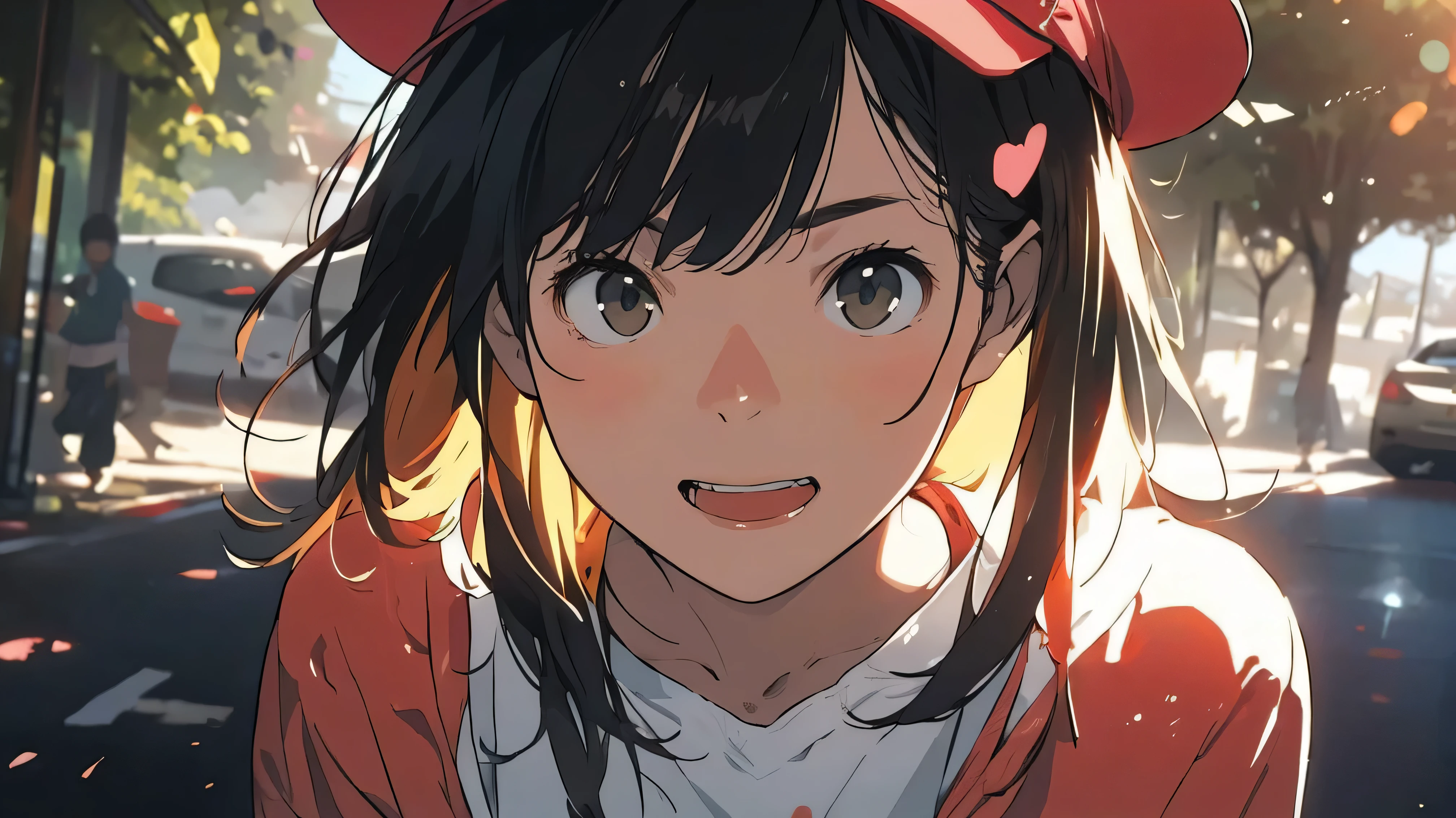 itsukinakano, itsuki nakano, bangs, Ahoge, Redhead, star \(symbol\), gently,hat, happy lol顔, lol顔,,Short braided hair,red oversized hoodie,Shorts,White Pantyhose,High Top Sneakers,(lol:1.1), (Open your mouth:1.1), Sun glare, Bokeh, Written boundary depth, Blurred Background, Particles of light, Strong winds, (Heart Particles:1.1), Highly detailed face, Perfect lighting, Extremely detailed CG, (Perfect hands, Perfect Anatomy)