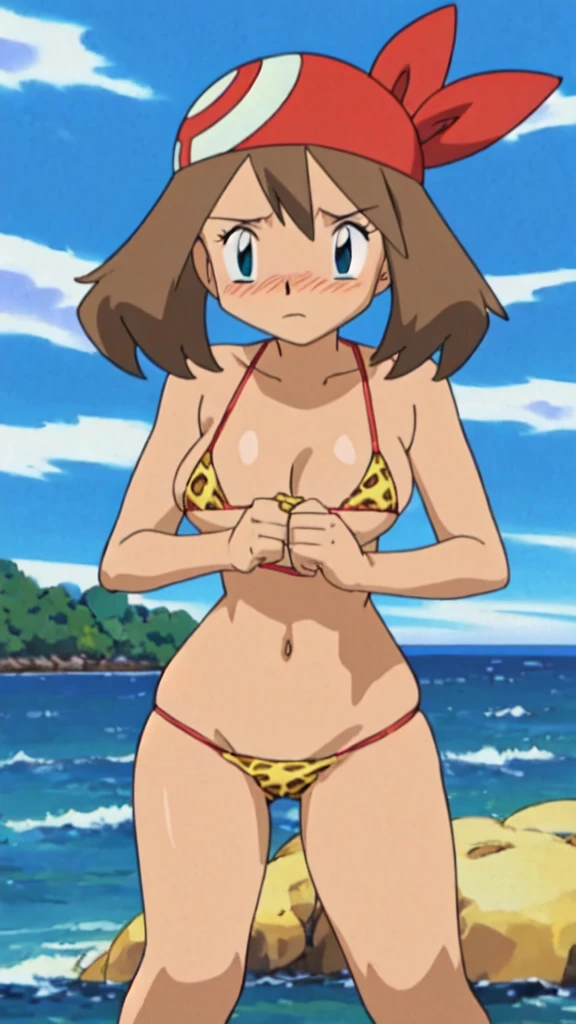 (masterpiece, 4K, Highest quality, anime style: 1.9, Detailed face, Lovely, bold, High resolution, anime, alone, Curvaceous, Thighs, Cleavage, Center of chest, Very slim belly, Cowboy Shot, Leopard print micro bikini,Red Bandana,((blush,Sweet expression)), May (Pokémon Advance),Naked in a swimsuit,(((Ocean))),Sit down and open your legs