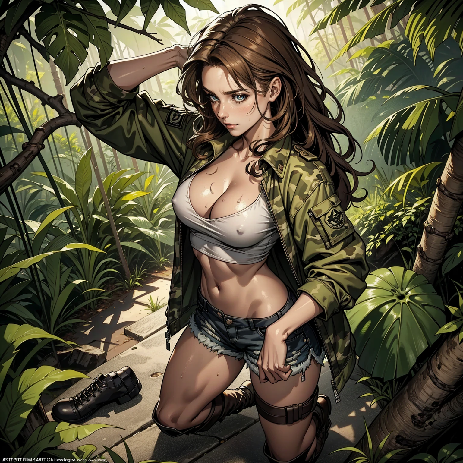 Masterpiece, Professional,  High Definition - quality, sharp focus, perfect artwork, Best Illustration,  trending on artstation, UHD, 4k, full body, NSFW
1 girl, long light brown hair, curly receding hair, big breasts, slim waist,  muscular legs , well-defined legs, athletic body, real-looking skin, dark skin , real-looking iris eyes, shabby shorts, torn shirt, camouflage jacket, boots, very sweaty, in the jungle climbing a tree. extremely detailed skin texture, camera view from above, Grainy Video Film, Natural cinematic lighting, 

