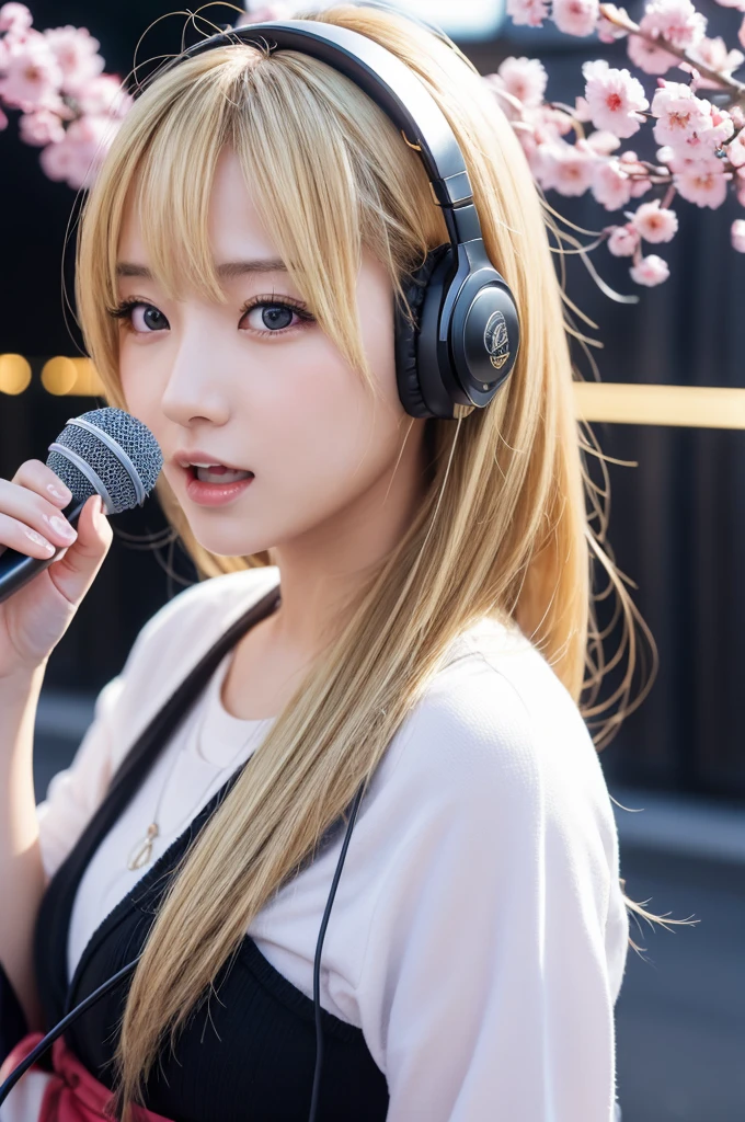 "Blonde Japanese woman, resembling Happy Sakura, elegant and captivating appearance, intricate details, high quality, (luxury:1.4), ultra-realistic 8K, perfect face, beautiful expression, beautiful eyes, blonde hair, model pose, ultra-realistic 4K, highest image quality, natural light, natural background, stylish clothing, professional artwork, modern style, clean and sophisticated look, holding a microphone and singing, female DJ wearing headphones, operating music equipment"　"Blurry image, low resolution, unnatural pose, unbalanced face, noise, excessive editing, inappropriate lighting, anime style, cartoon style, non-realistic texture, excessive saturation, artificial expression, abnormal proportions, unnatural background, low-quality details"