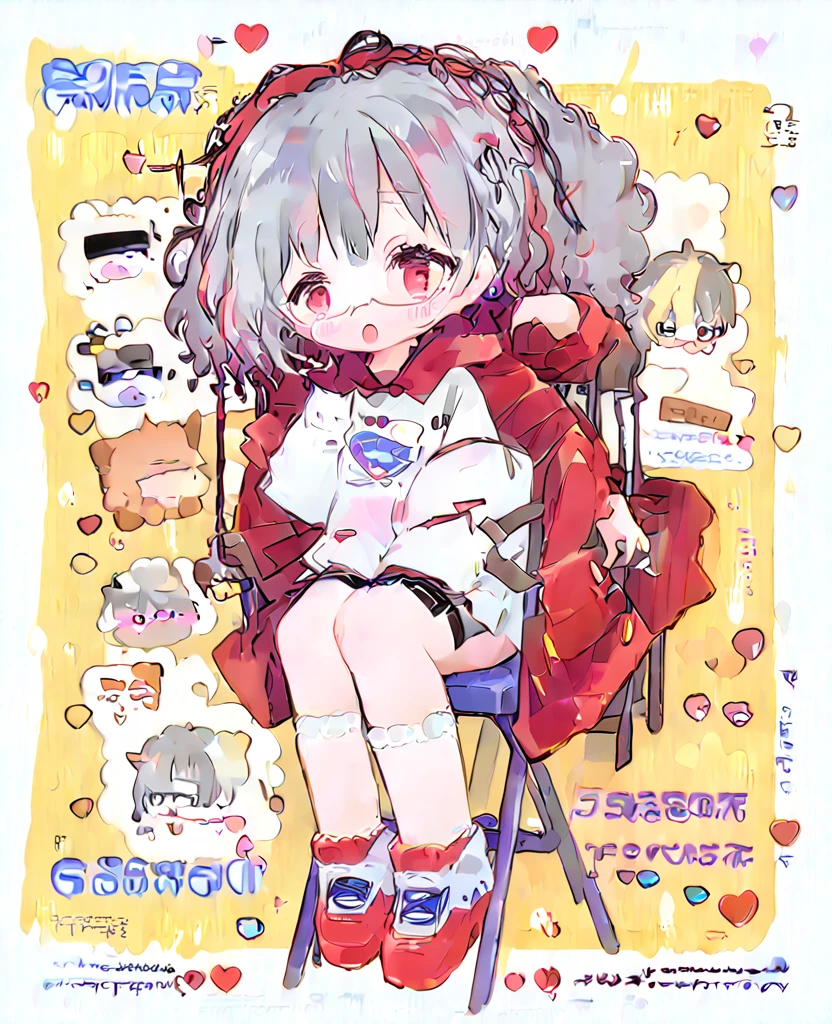 1girl,Silver Hair,Red eyes,Curly medium short hair,Square glasses,Wearing a large white coat,hoodie,,Dairy-free,garter belt,Troubled expression,Ahegao,Sit on a chair,desk,Character portrait,full Art,比基尼,pussy juice,Open pussy,creampie,Sex