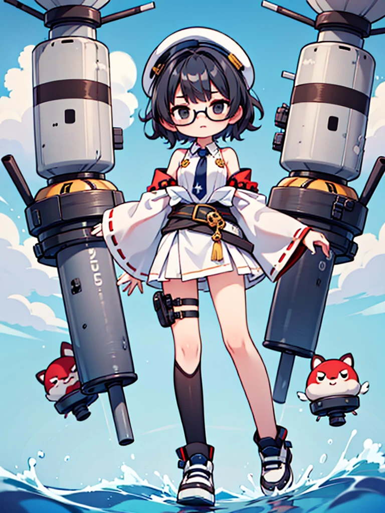 ((((Full body of a woman with perfect flat chest、solo、Short unkempt black hair、Tie your messy hair at the nape of your neck、white military jacket、Miko costume、tights、Black glasses、White military cap、Cloudy black eyes、Sleepy expression)))), (((masterpiece))), (((Shipgirl))), ((Floating on the morning sea with both feet)), (Spread your legs wide open), (Hold the turret with your right hand), (Mechanical arms extending from the waist are used to equip the ship with battleship equipment.), (Equipped with a turret on the back), (Holds the turret with his left arm), Shotgun shells are attached to the thigh with a belt, Spreading the Machine's Wings, Machine tail, shotgun,