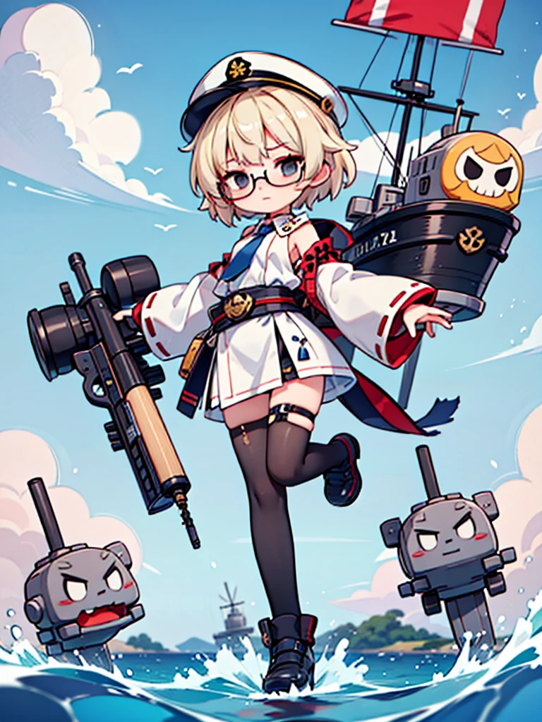 ((((Full body of a woman with perfect flat chest、solo、Short unkempt black hair、Tie your messy hair at the nape of your neck、white military jacket、Miko costume、tights、Black glasses、White military cap、Cloudy black eyes、Sleepy expression)))), (((masterpiece))), (((Shipgirl))), ((Floating on the morning sea with both feet)), (Spread your legs wide open), (Hold the turret with your right hand), (Mechanical arms extending from the waist are used to equip the ship with battleship equipment.), (Equipped with a turret on the back), (Holds the turret with his left arm), Shotgun shells are attached to the thigh with a belt, Spreading the Machine's Wings, Machine tail, shotgun,