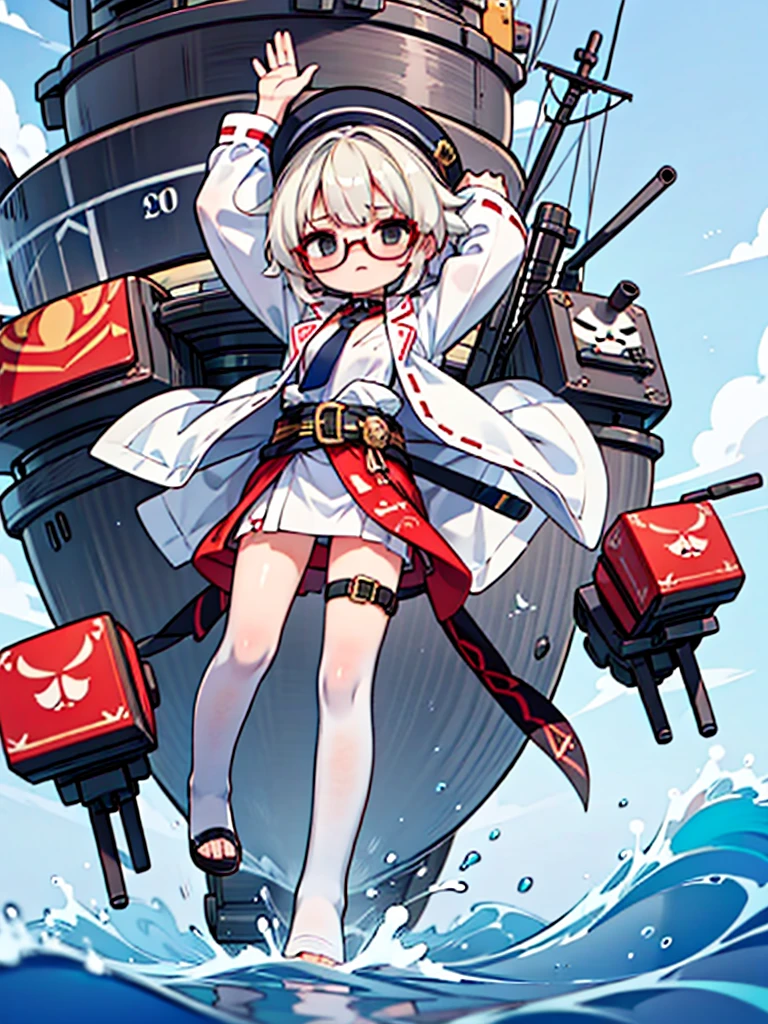 ((((Full body of a woman with perfect flat chest、solo、Short unkempt black hair、Tie your messy hair at the nape of your neck、white military jacket、Miko costume、tights、Black glasses、White military cap、Cloudy black eyes、Sleepy expression)))), (((masterpiece))), (((Shipgirl))), ((Floating on the morning sea with both feet)), (Spread your legs wide open), (Hold the turret with your right hand), (Mechanical arms extending from the waist are used to equip the ship with battleship equipment.), (Equipped with a turret on the back), (Holds the turret with his left arm), Shotgun shells are attached to the thigh with a belt, Spreading the Machine's Wings, Machine tail, shotgun,