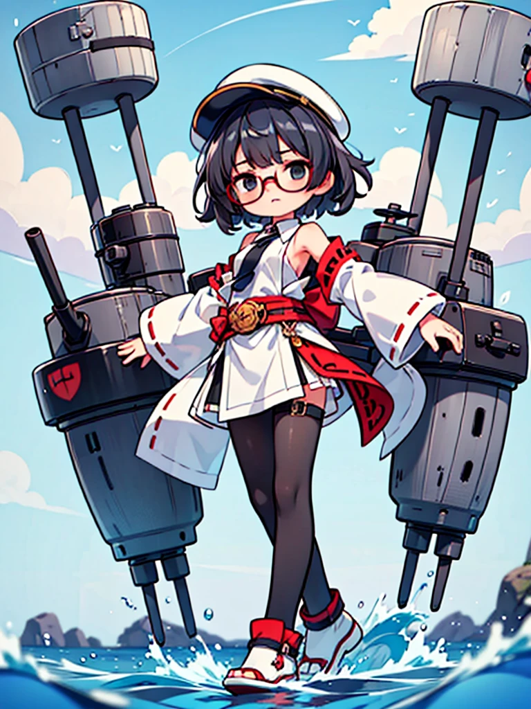 ((((Full body of a woman with perfect flat chest、solo、Short unkempt black hair、Tie your messy hair at the nape of your neck、white military jacket、Miko costume、tights、Black glasses、White military cap、Cloudy black eyes、Sleepy expression)))), (((masterpiece))), (((Shipgirl))), ((Floating on the morning sea with both feet)), (Spread your legs wide open), (Hold the turret with your right hand), (Mechanical arms extending from the waist are used to equip the ship with battleship equipment.), (Equipped with a turret on the back), (Holds the turret with his left arm), Shotgun shells are attached to the thigh with a belt, Spreading the Machine&#39;s Wings, Machine tail,  shotgun, 