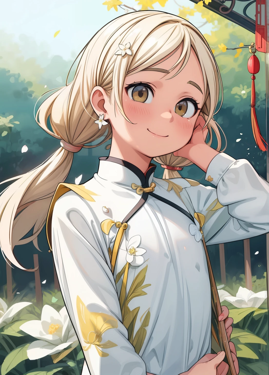 (masterpiece、Highest quality、Highest quality、Official Art、Beautiful and beautiful:1.2)、(One girl:1.3)Hatsune Miku、Twin tails,Beautiful breasts,Luang_and_(Honkai:_star_rail) , Calm, Expressionless, Glossy Lips, Portraiture, View your viewers, Blonde:1.3),, Colored eyelashes, Yellow eyelashes, (White clothes:1.5), (Chinese Shirt:1.5), pearl, Golden Eyes,Hairpin, SFW, (moderate:1.2), , Flowers trees background, (Flat Chest:1.4), (masterpiece), (Highest quality), (Super detailed), andても美しい, figure, Disheveled Hair, Perfect composition, Moisturized Skin, Intricate details, Movie stills, Emotional, 調和のandれた, Vignette, Very detailed, High budget, Bokeh, CinemaScope, Sulky, amazing, nice, Film Grain, granular, Flowers, Earrings, necklace, smile, Selfie, 