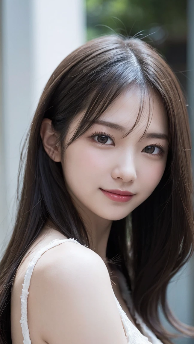 In detail, High resolution, high quality、Perfect dynamic composition, Beautiful attention to detail, Medium Hair,Natural color lip,Kamimei、Shibuya Ward、20-year-old girl、1 person、Clear Skin、Shiny Hair、Tabletop, 最high quality, figure, Super detailed, In detail, High resolution, 8K、The correct state of the human body、Random pose、Sculpture model pose,Hair dancing in the wind、Hair length,big ,hugeな胸の谷間, Bold sexy pose,huge 、Close-up of face、smile、Smiling