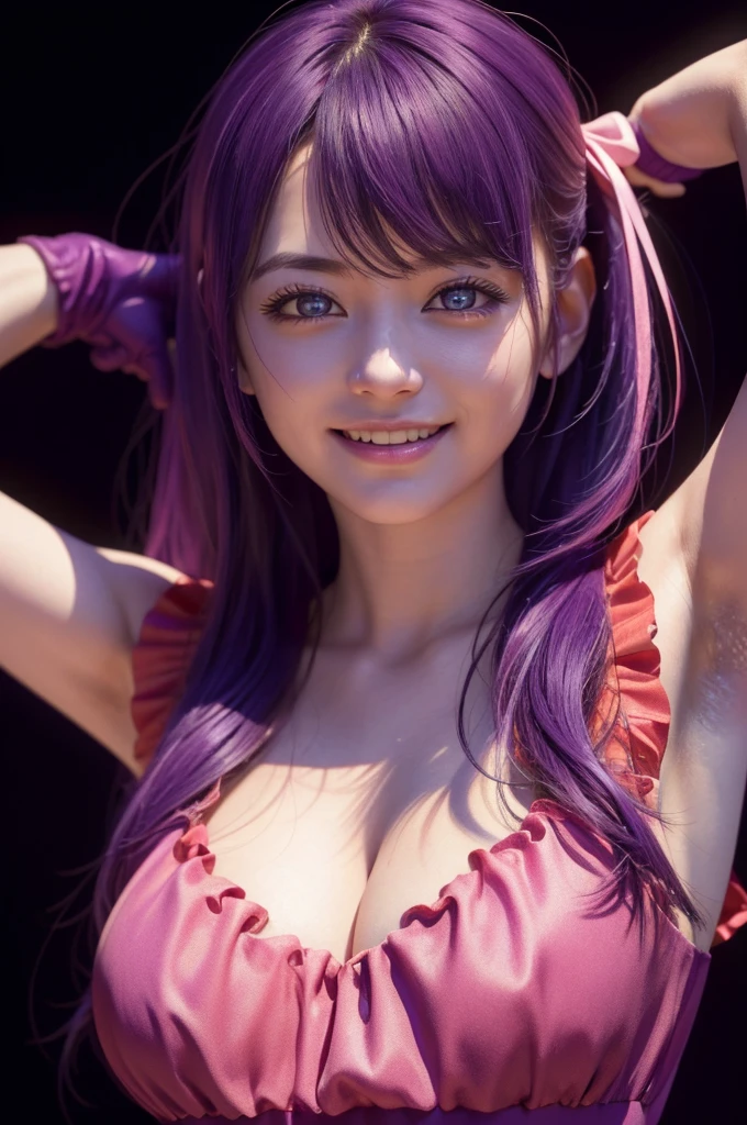 (best quality,4k,8k,highres,masterpiece:1.2),ultra-detailed,(realistic,photorealistic,photo-realistic:1.37),studio lighting,extreme detail description,vivid colors,concept art, small breasts, seductive smile, hoshino ai, purple hair, pink idol outfit, sleeveless, realistic, beautiful japanese female, arms up, armpits visible, ribbon, gloves, 