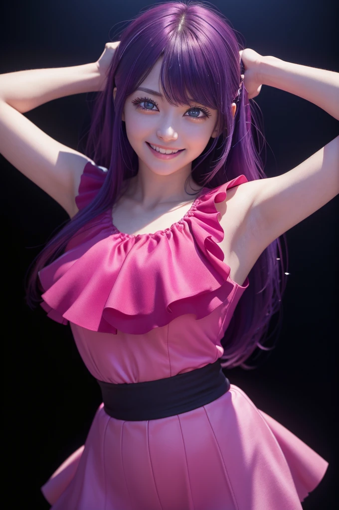 (best quality,4k,8k,highres,masterpiece:1.2),ultra-detailed,(realistic,photorealistic,photo-realistic:1.37),studio lighting,extreme detail description,vivid colors,concept art, small breasts, seductive smile, hoshino ai, purple hair, pink idol outfit, sleeveless, realistic, beautiful japanese female, arms up, armpits visible, ribbon, gloves, 