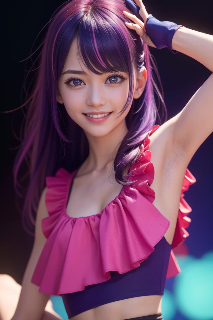 (best quality,4k,8k,highres,masterpiece:1.2),ultra-detailed,(realistic,photorealistic,photo-realistic:1.37),studio lighting,extreme detail description,vivid colors,concept art, small breasts, seductive smile, hoshino ai, purple hair, pink idol outfit, sleeveless, realistic, beautiful japanese female, arms up, armpits visible, ribbon, gloves,