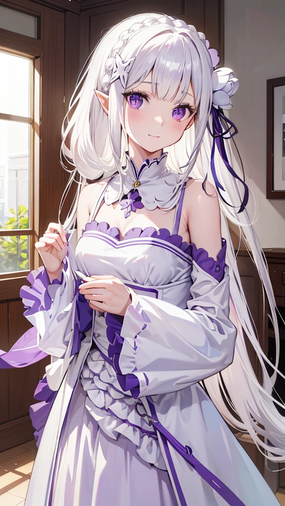 masterpiece, best quality, high resolution, best illustration, super fine illustration, (official art:0.7), (anime screencap:0.8), detailed beautiful face and eyes, anime keyvisual, (perfect anatomy:1.2),
1girl,
long hair, low-tied long hair, braid, crown braid,
white hair,
(purple eyes:1.2), (beatiful detailed eyes:1.2),
pointy ears,
flower, hair flower, hair ornament, hair ribbon, white flower, x hair ornament,
medium breasts,
dress, pink dress, bare shoulders, detached collar, long sleeves, shoulder cutout, wide sleeves, white sleeves,
happy smile, enjoy,
looking at viewer,
cowboy shot,
standing,
natural light, background of indoor,