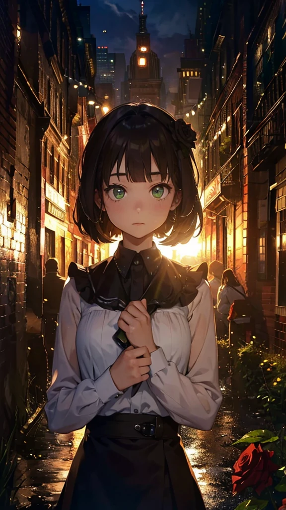 blunt bangs, green eyes, Brown hair, cross, rose, Gothic, 1girl,
