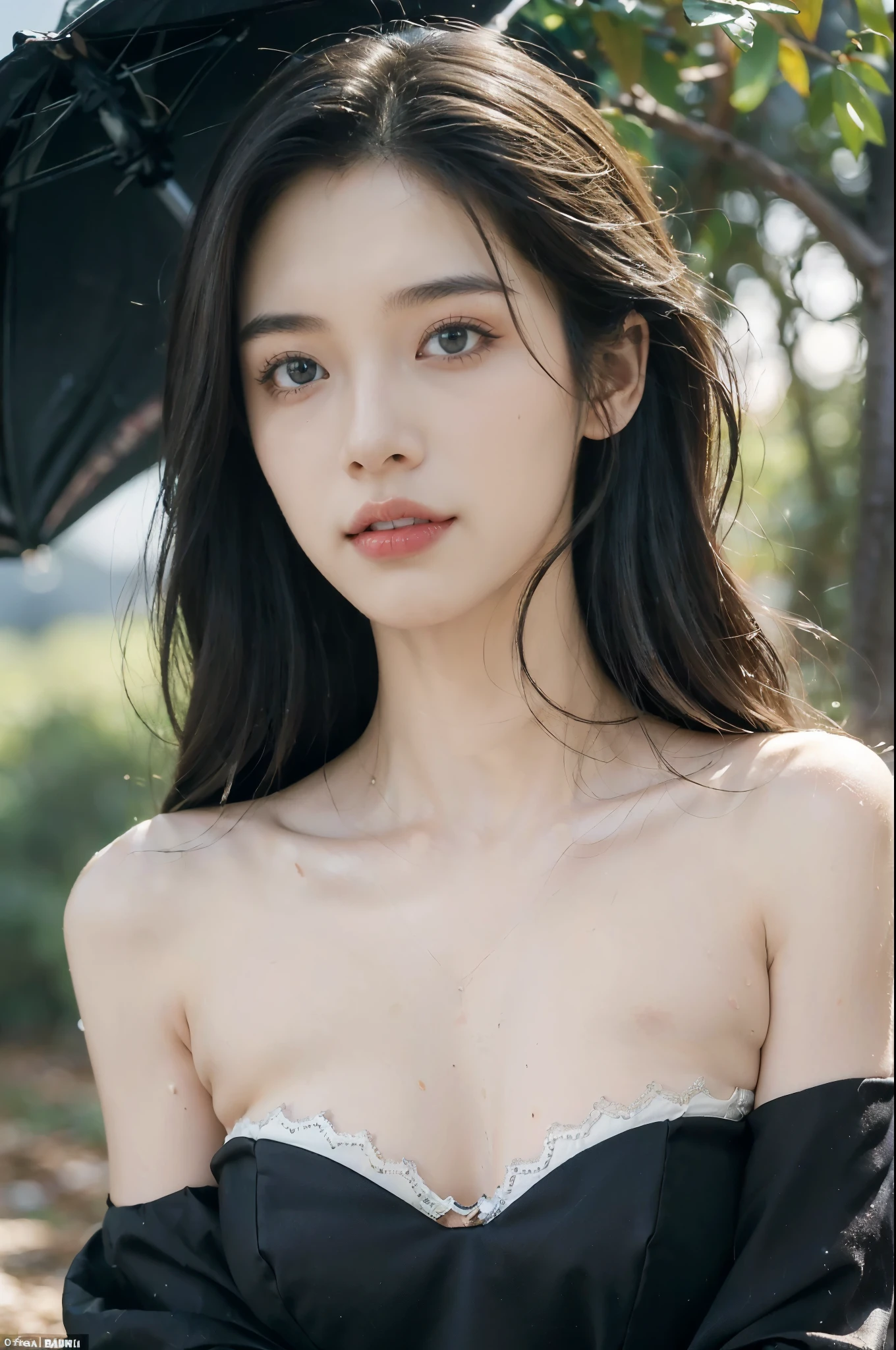 (((best quality))),(((ultra detailed))),(((masterpiece))),illustration,((1 beautiful girl,solo)),((slim,thin,flat chest)),(shoulder length straight bob hair:1.2),flowing hair,fair skin,(shiny skin:1.3),detailed eyes,laughing,(strapless bra:1.3),delicate necklace,grass,dewdropletts,trees,bird chirping,serenity,gratitude,awe,wonders of nature,peace,contentment,magnificent world,summer,(pitch-dark dawn:1.5),(night scene:1.3),((from front)),after rain,(wet:1.3),standing,on the path,At the mountaintop,confident gaze,elegant posture,mysterious atmosphere,solemn mood,dawn approaching,detailed decorations,(sunrise:1.3),(cloudy sky:1.2),rainbow,(Rural Landscape:1.2),horizon,(close-up of face:1.3)