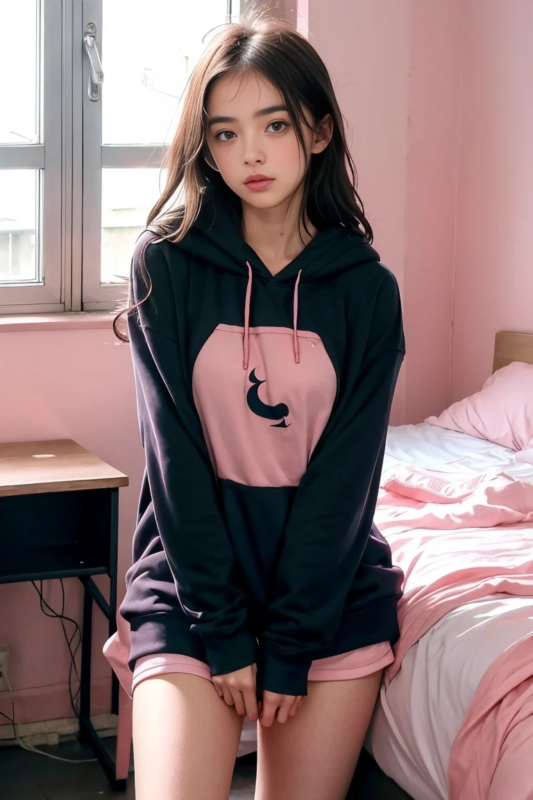 une femme de 18 ans sexy et mince , pink short sleeve hoodie , salle de classe, se touche,position sey,sensuel