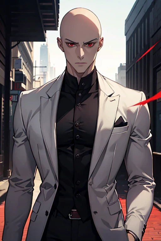 1 male, handsome boy, bald, ((Red Eyes)), (Beautiful and sharp eyes), ((muscle)), ((Shirtless)), ((Half Body.)), Half naked, Showing chest muscles, White suit, Black shirt, Dark and moody lighting,walk,night
