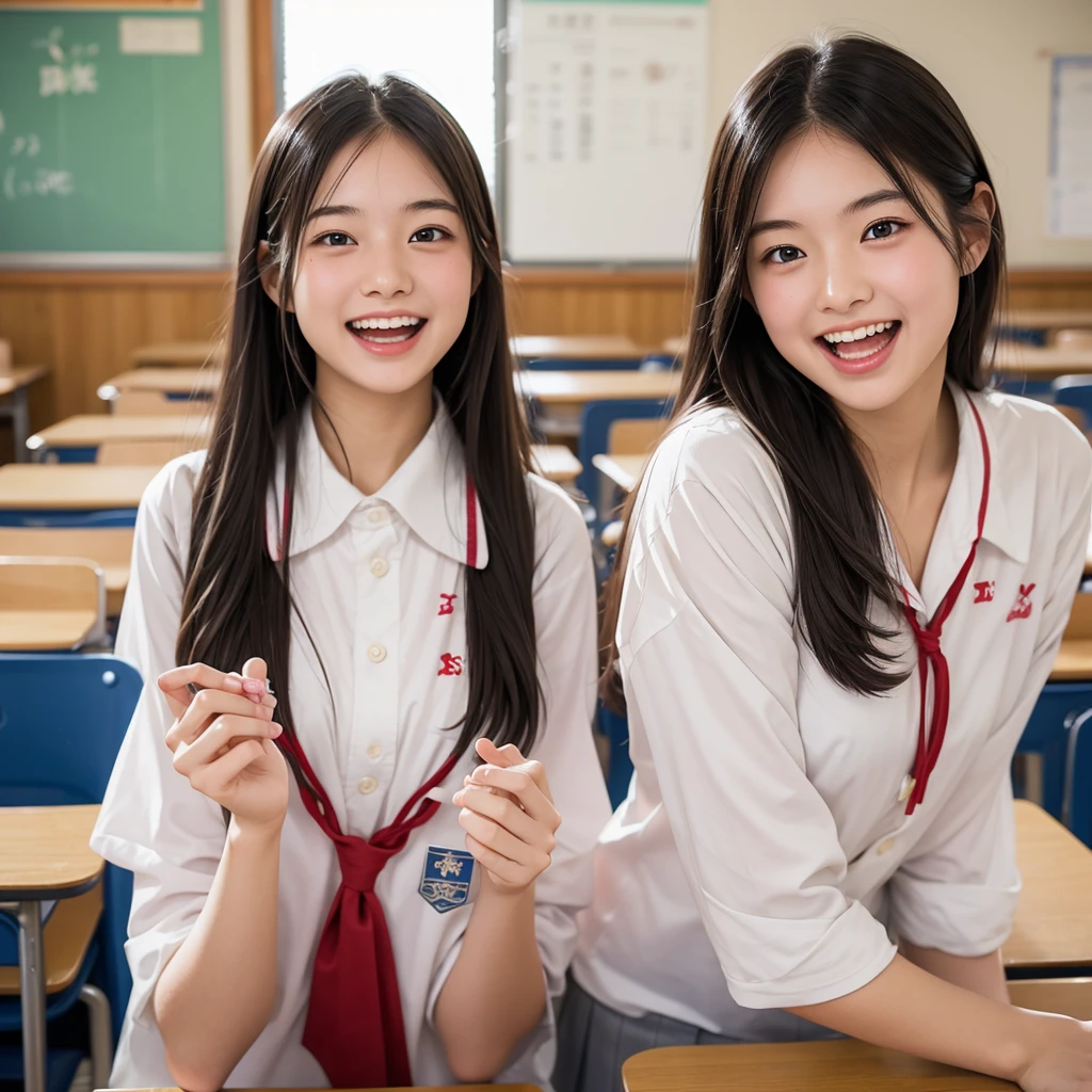 Laughing Japanese high school girl、classroom、、masterpiece, Highest quality, Photorealistic、Laugh with your mouth wide open、Smiling at the camera
