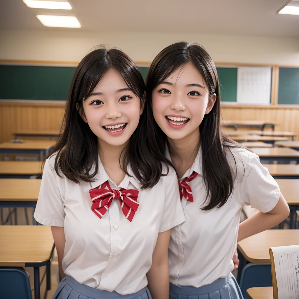 Laughing Japanese high school girl、classroom、、masterpiece, Highest quality, Photorealistic、Laugh with your mouth wide open、Smiling at the camera