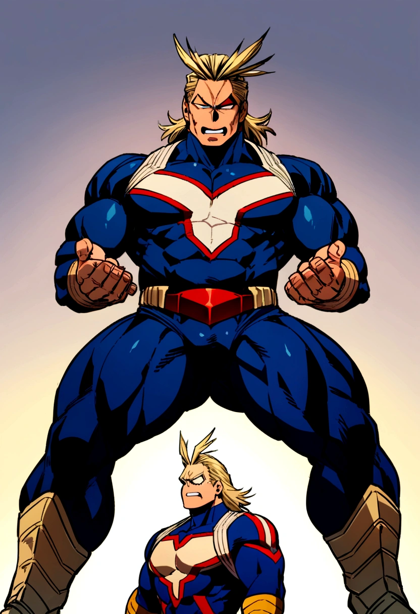 Allmight, my hero academia, from front, super fine, bodysuits, middle-aged man, hunk, looking down and mouth wide open with shocked face, crotch grab, crotch squeeze,