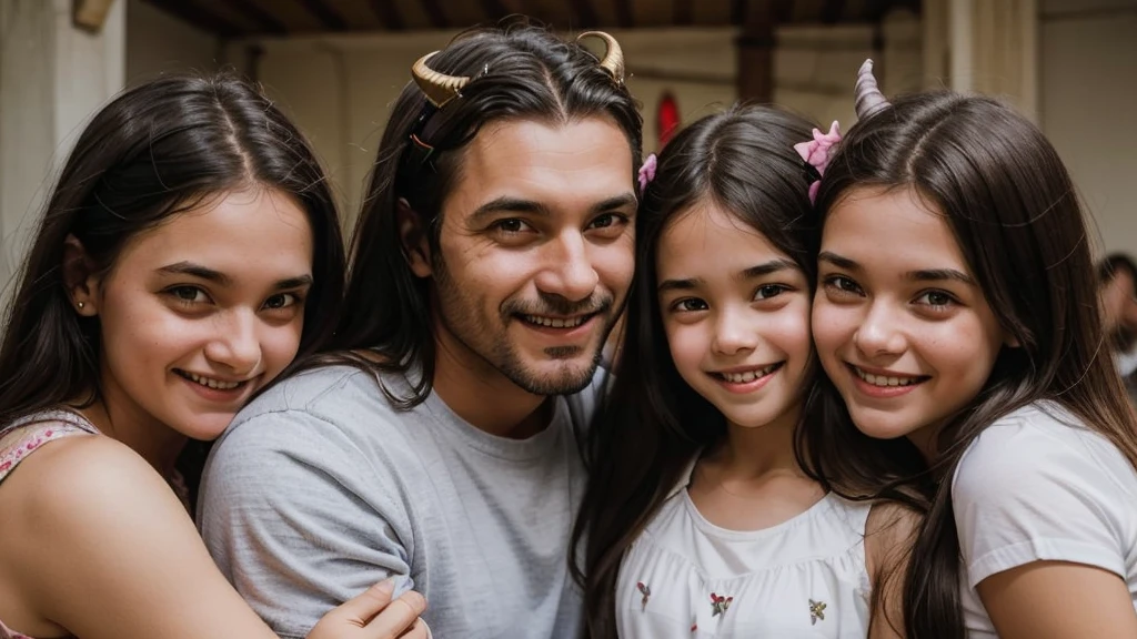 a father embracing his two daughters, the father has a smile and devil horns, his daughters have a face of happiness and innocence, it is an image of the eopca of jesus christ.