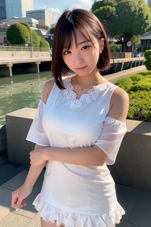 (Skin blemishes:1.2), (Skin Indentation), Black eyes, 1Miss, 25 years old, (((Miss))), Solitary, Practical, best quality, photoPractical, masterpiece, 8K, high resolution, Solitary, Extremely detailed face, (Professional lighting, Bokeh), (Light Particles, lens flare, 发Light Particles:0.6), (Dynamic poses:1.2), Soft lighting, Top angle view, Fashionable atmosphere, Japan, street, Tokyo, port, Skytree, Tokyo tower, ((daytime)), Sky, ((Looking at the audience:1)), (Looking at the camera),(portrait:0.6), Cowboy shooting, Gorgeous, permanent, Maintain original facial proportions, Broad shoulders, whole body, (Medium breasts), (Medium Length Hair), Brown hair, Flowing hair, Mouth唇, Mouth唇tick, seductive Smile, Flowing hair, Smile, Open_Mouth, teeth, Women's shirts, (Floral summer dress:1), eyelash, mole, (mole under eye:1), (((Full and soft breasts,)))(((Large Breasts))) (((Cleavage)))
