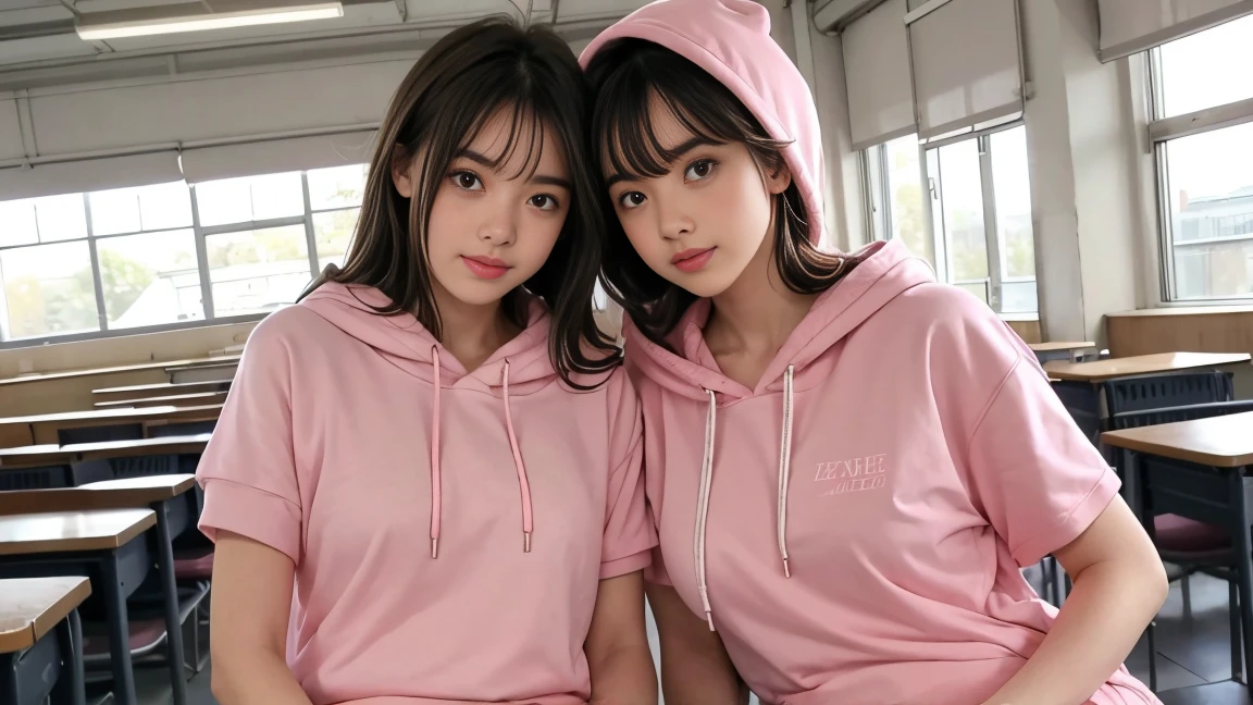 deux femmes ensemble de 18 ans sexy et mince , pink short sleeve hoodie , salle de classe, se touche,position sey,sensuel