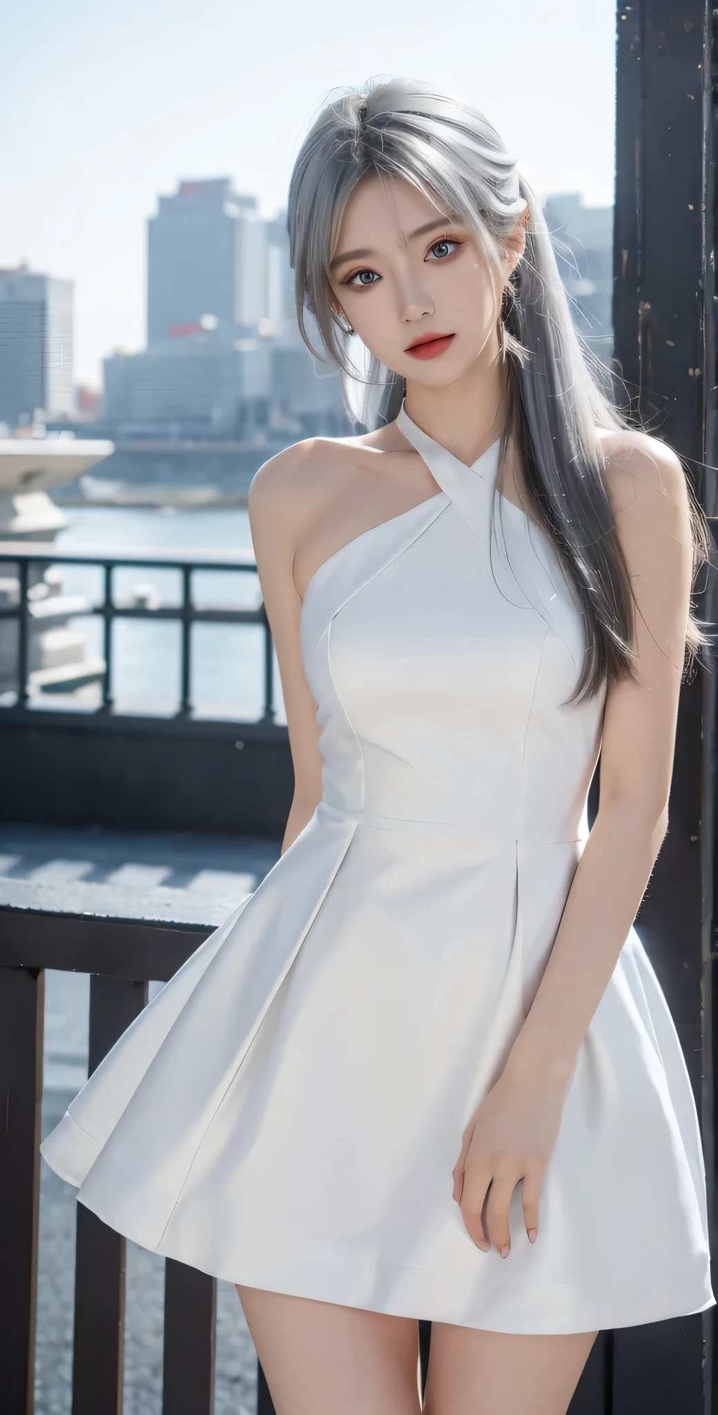 1girl, st. louis (azur lane), standing, upper body, dress, silver dress, (revealing clothes:1.3), scenery,, anirl, best quality, ultra high res,
