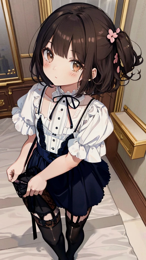 ((masterpiece)), ((best quality)), ((ultra detailed)), ((kawaii)), cute, (lovely), ((extremely detailed)), ((8K)), (beautiful), full body, luxury room, a cute girl, 1girl, solo, blue mini camisole dress,beautiful darkbrown hair, ((detailed beautiful brown eyes)), white-skinned, flat breast, tiny breast, garter belt,(garter stockings:1.4),pink eyeshadow,standing,full body