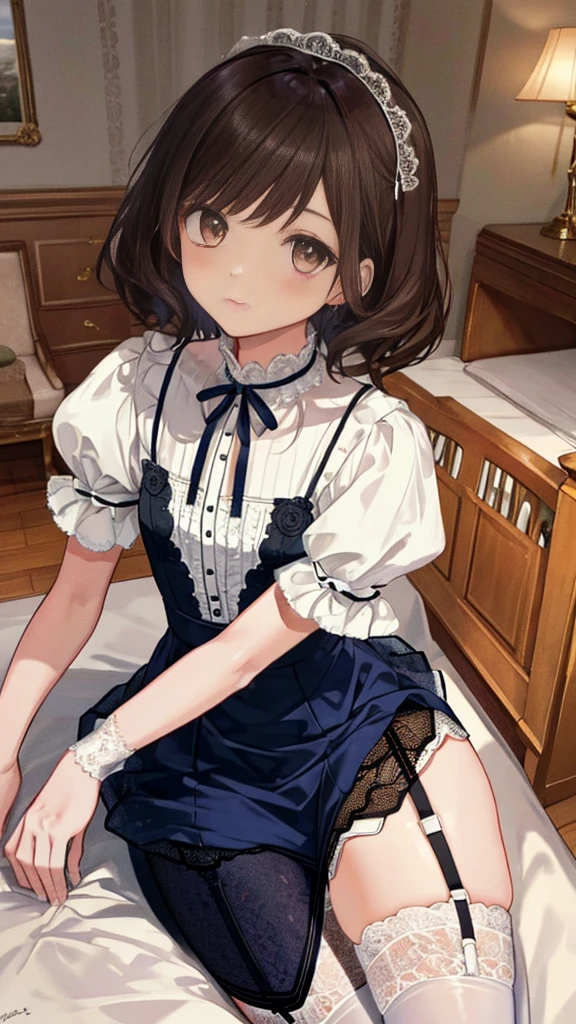 ((masterpiece)), ((best quality)), ((ultra detailed)), ((kawaii)), cute, (lovely), ((extremely detailed)), ((8K)), (beautiful), full body, luxury room, a cute girl, 1girl, solo, blue mini camisole dress,beautiful darkbrown hair, ((detailed beautiful brown eyes)), white-skinned, flat breast, tiny breast, garter belt,(garter stockings:1.4),pink eyeshadow,standing,full body