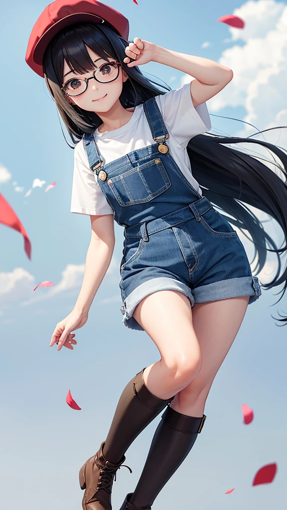 Body Type: 小柄でやや丸みを帯びたBody Type。Overall it's cute、Gives a slightly childish impression。
• Face shape: Round face。Plump cheeks。
• eye: Big, round eyes。The eyes are black、Sparkling like an anime character。
• Eyebrow: Narrow and arched。gently、Gives a cute impression。
• nose: smallて丸い。
• mouth: small、When you smile, both ends rise up.。She has a bright and cheerful smile。
•hairdo: With short black hair、The bangs are blunt。
•clothing: Wearing large round glasses。Wearing a red cap、In front of the cap「Arare」it is written like this。Blue overalls and white T-shirt、Wearing yellow boots。
• Pause: Raise your right hand high「Uncha」" he said cheerfully.。The left hand is on the hip。
• background: You can see Dr. Yamabuki's house in Penguin Village.。The house is a brown wooden structure.、The roof is made of blue tiles。There is a well-kept garden in front of the house.、Colorful flowers々is blooming。The sky is blue and clear.、White clouds float、The bright sunlight illuminates everything。